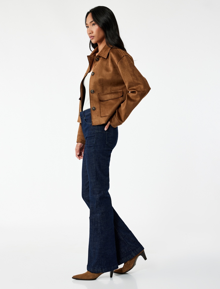   Normal Bel Dar Kalıp Cepli İspanyol Paça Jean Pantolon - Flare Jeans