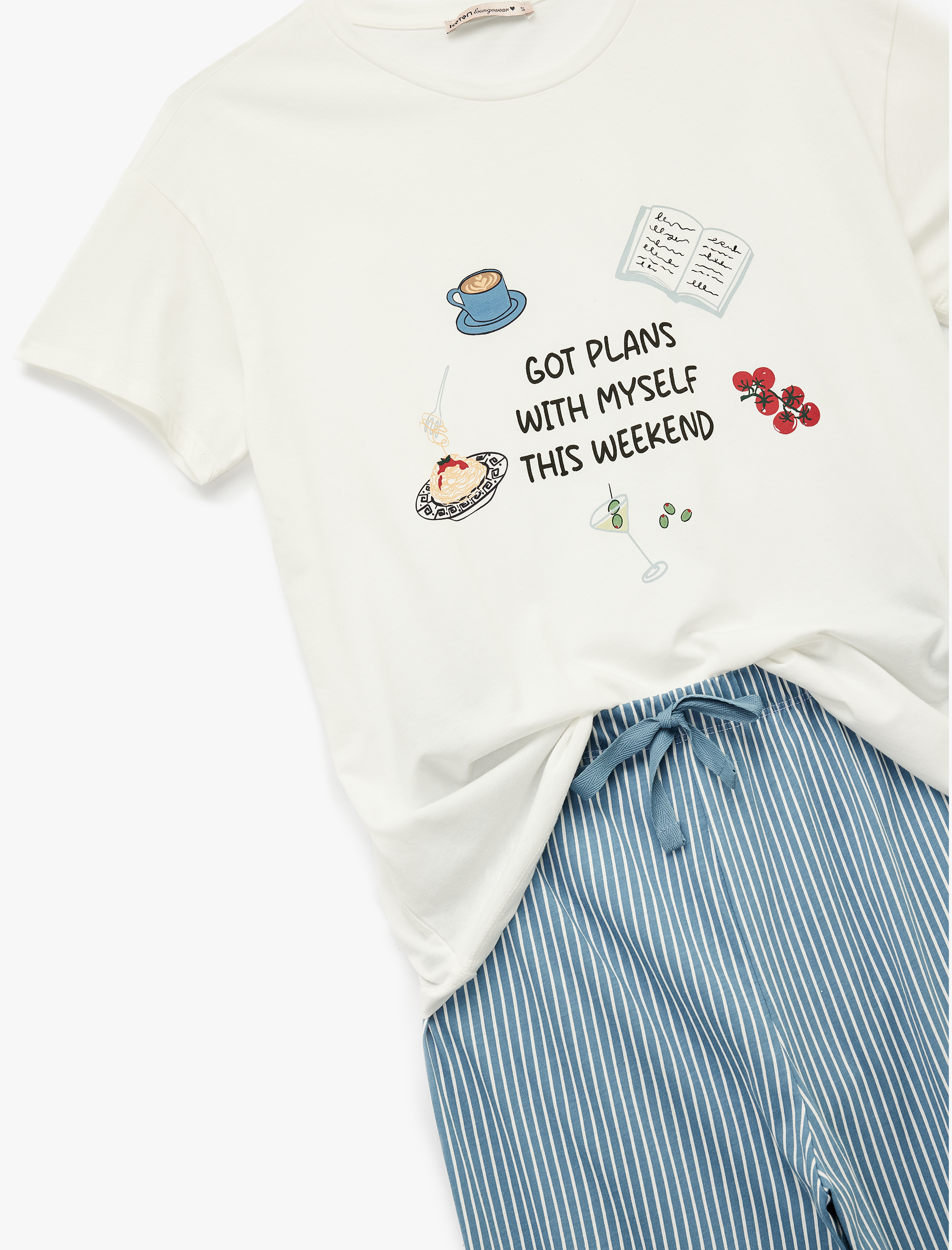   Bisiklet Yaka Kısa Kollu Pamuklu Pijama Takımı