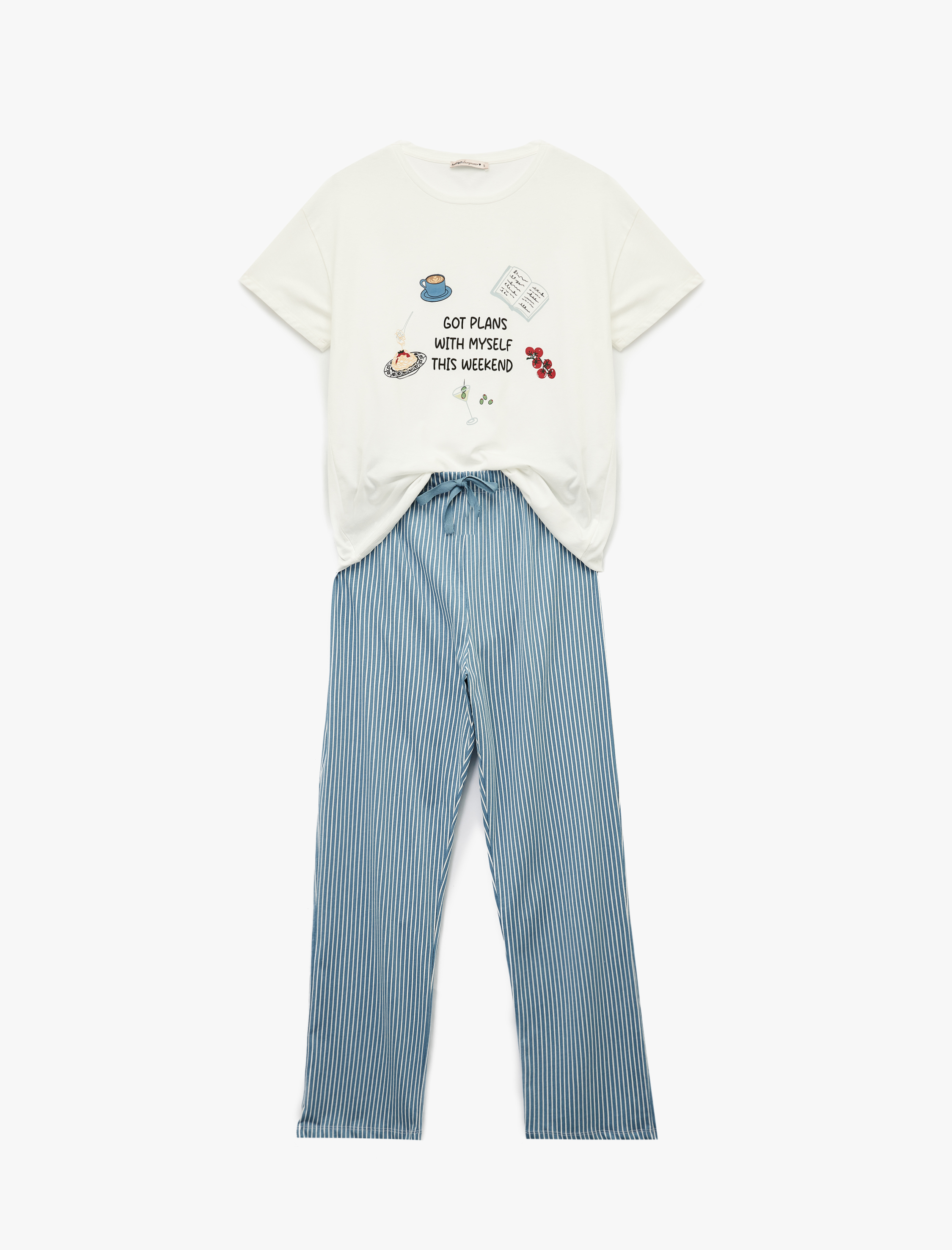   Bisiklet Yaka Kısa Kollu Pamuklu Pijama Takımı