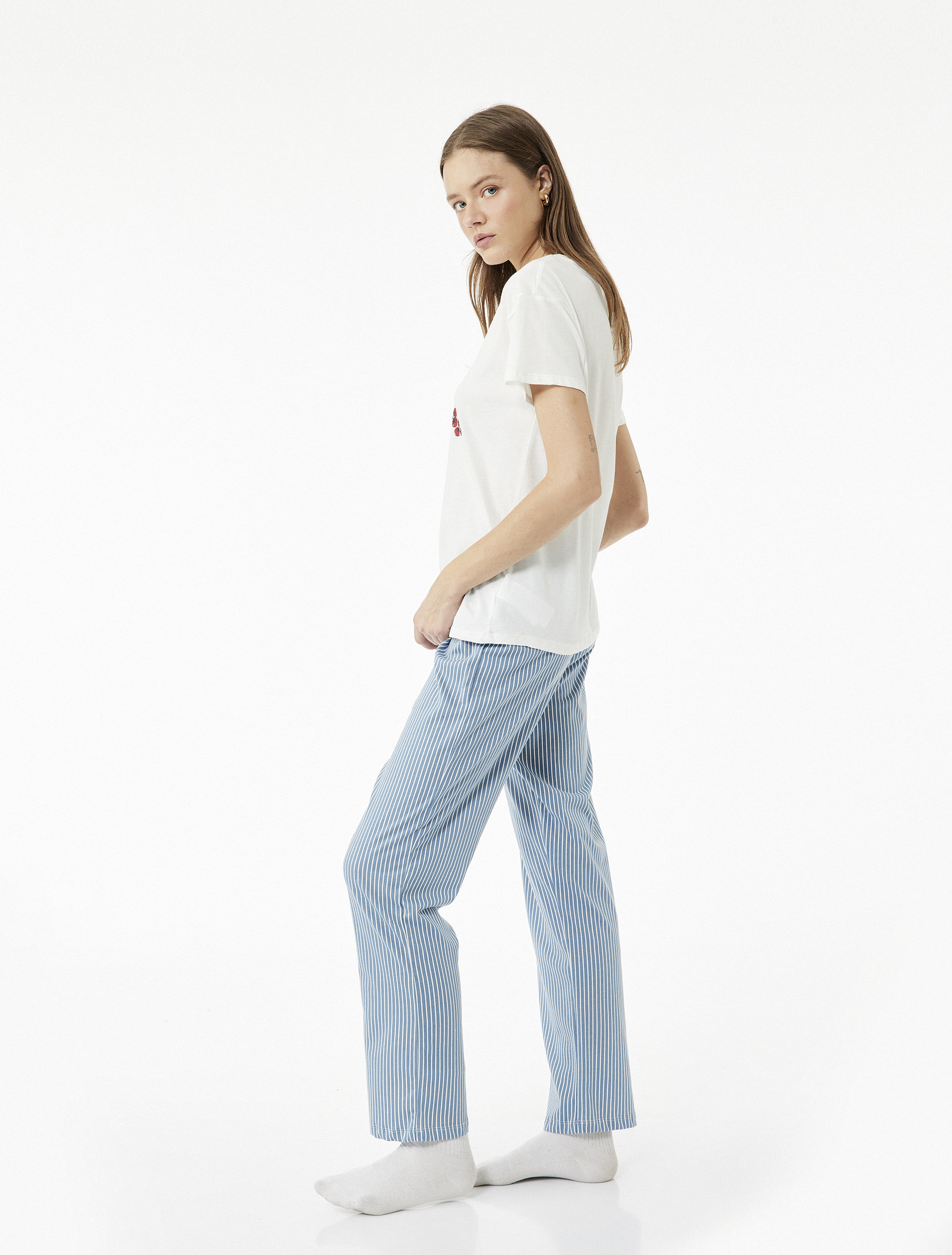   Bisiklet Yaka Kısa Kollu Pamuklu Pijama Takımı