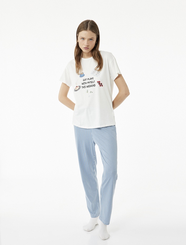  Bisiklet Yaka Kısa Kollu Pamuklu Pijama Takımı