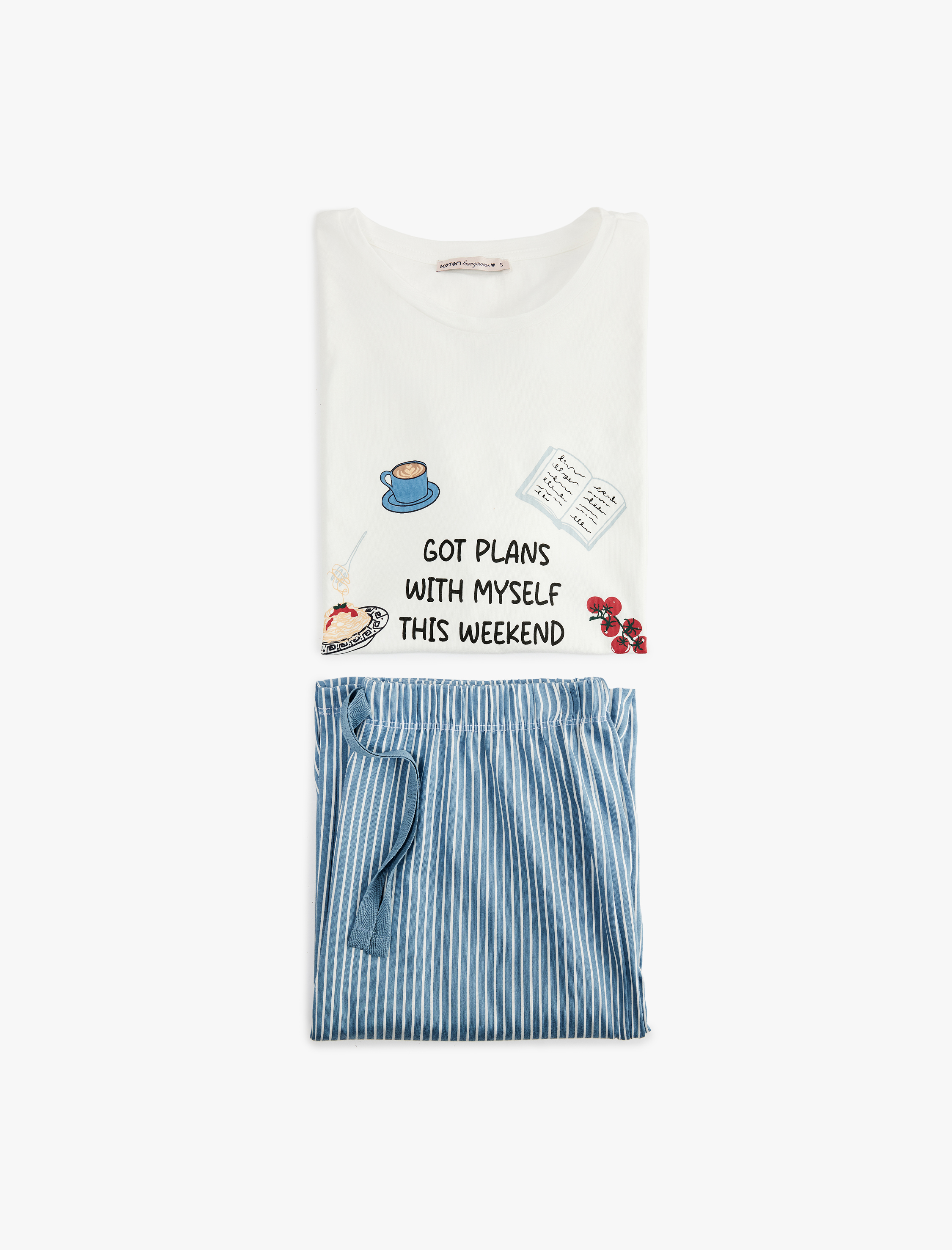   Bisiklet Yaka Kısa Kollu Pamuklu Pijama Takımı