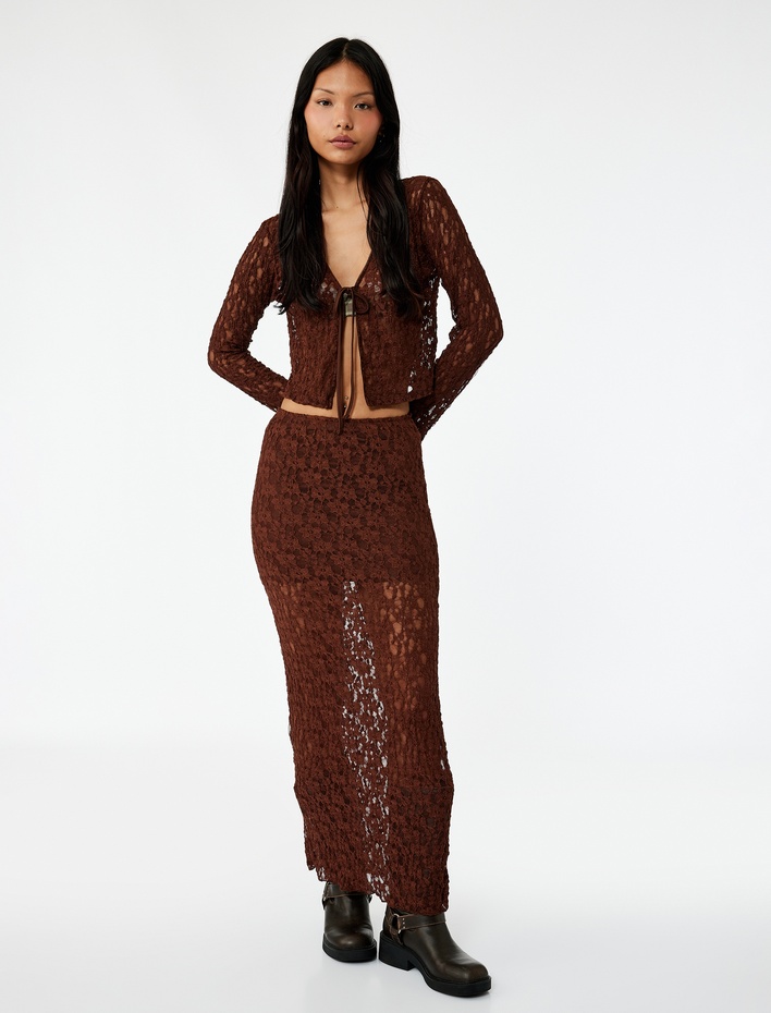  Bağlama Detaylı Uzun Kollu V Yaka Dantel Hırka