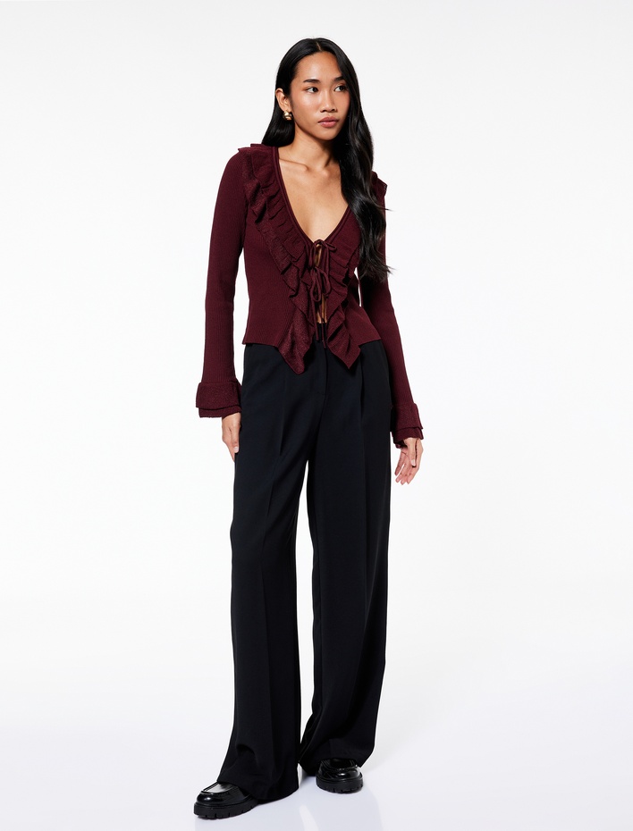  Önden Bağlama Detaylı Uzun Kollu V Yaka Fırfırlı Triko Hırka