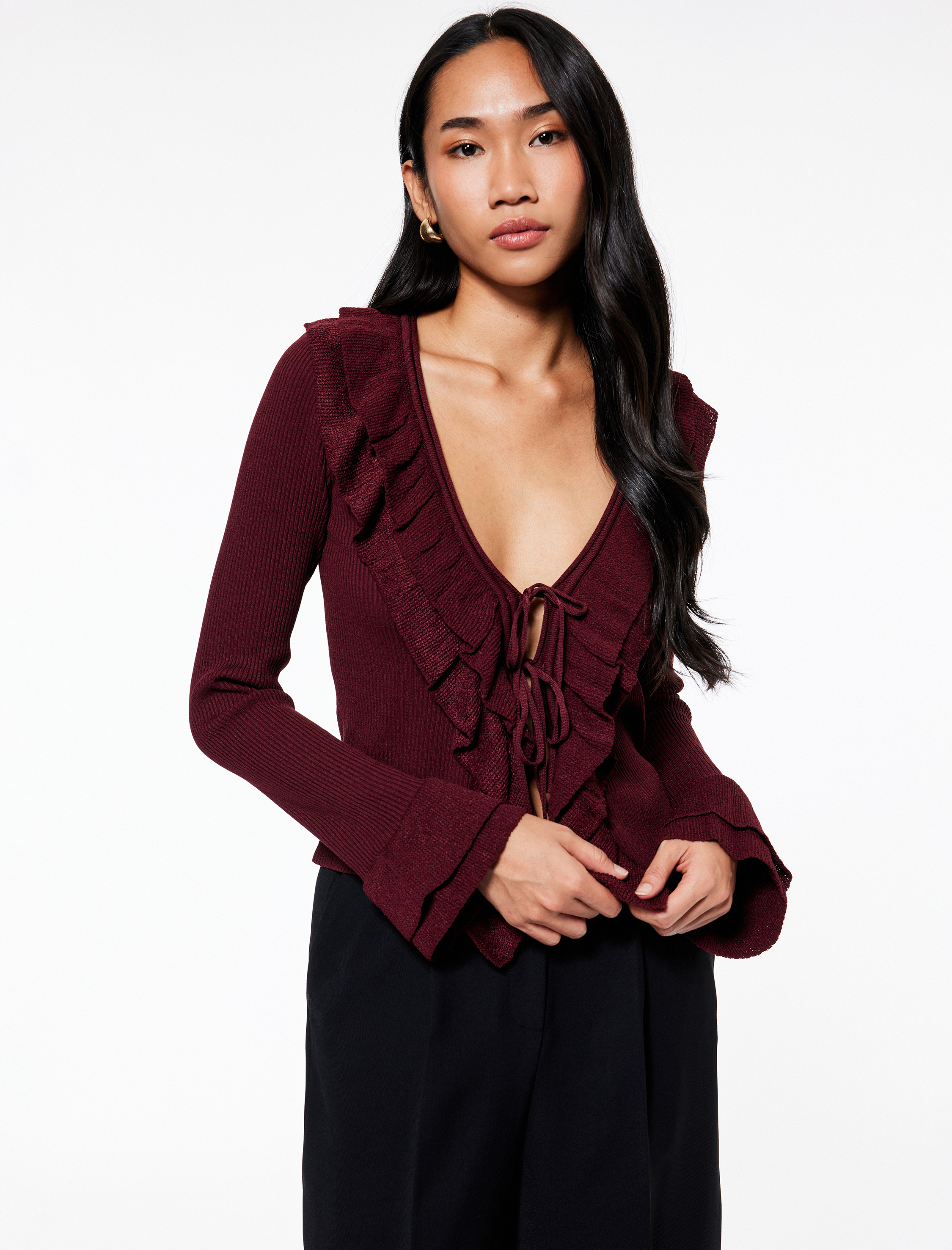   Önden Bağlama Detaylı Uzun Kollu V Yaka Fırfırlı Triko Hırka