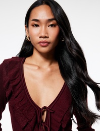 Önden Bağlama Detaylı Uzun Kollu V Yaka Fırfırlı Triko Hırka