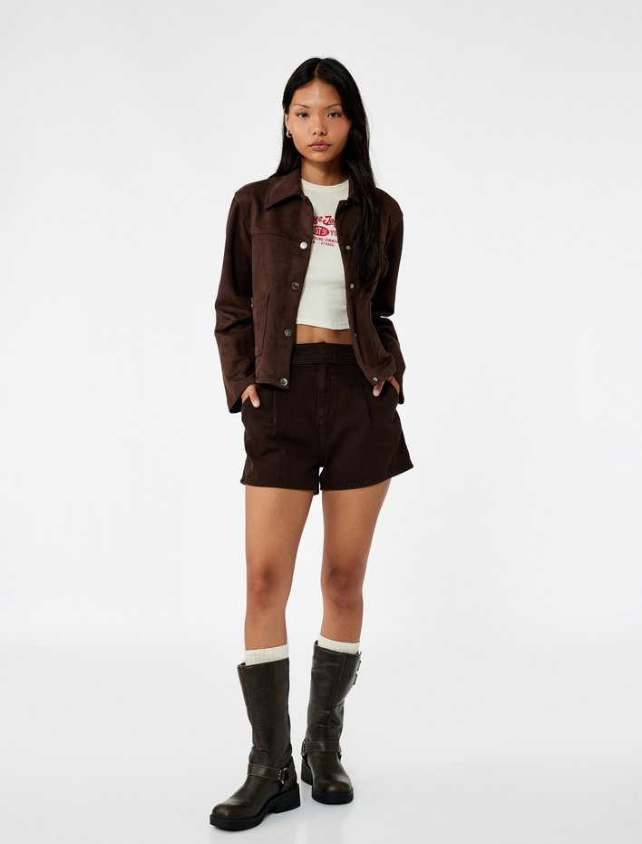  Çıtçıt Düğmeli Cep Detaylı Klasik Yaka Uzun Kollu Suni Süet Gömlek