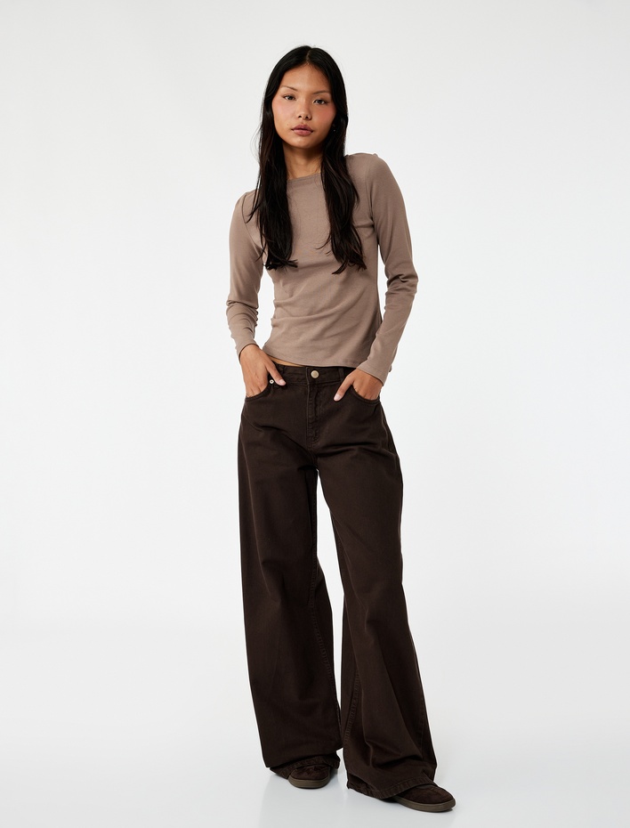  Asimetrik Kayık Yaka Kolsuz Slim Fit Uzun Kollu Tişört