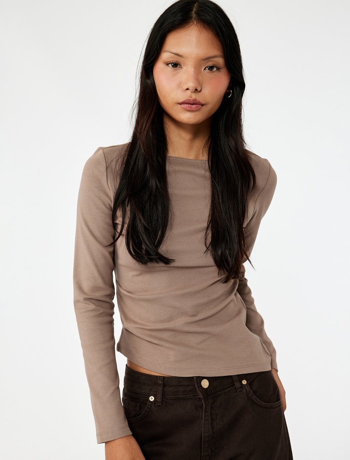  Asimetrik Kayık Yaka Kolsuz Slim Fit Uzun Kollu Tişört