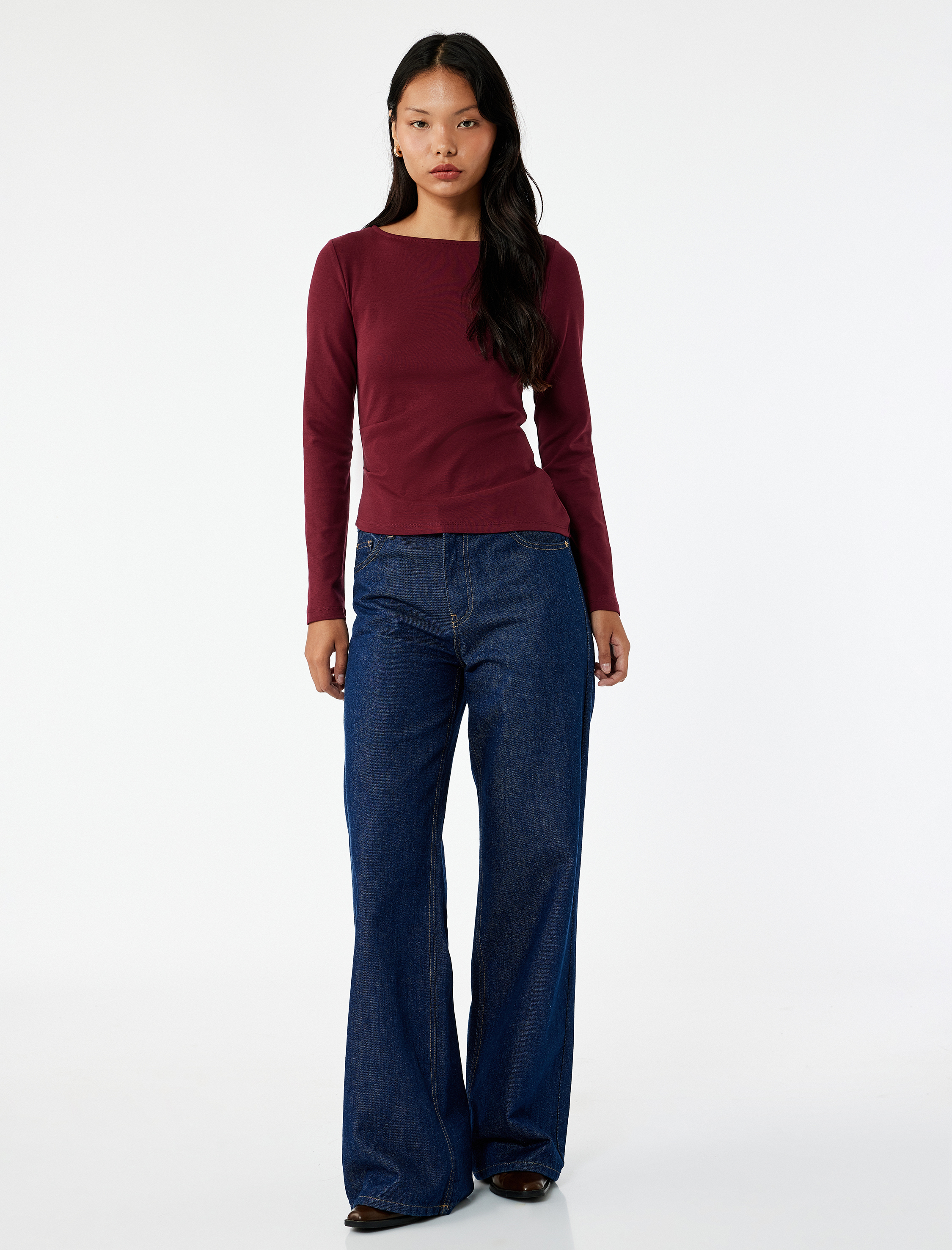   Asimetrik Kayık Yaka Kolsuz Slim Fit Uzun Kollu Tişört