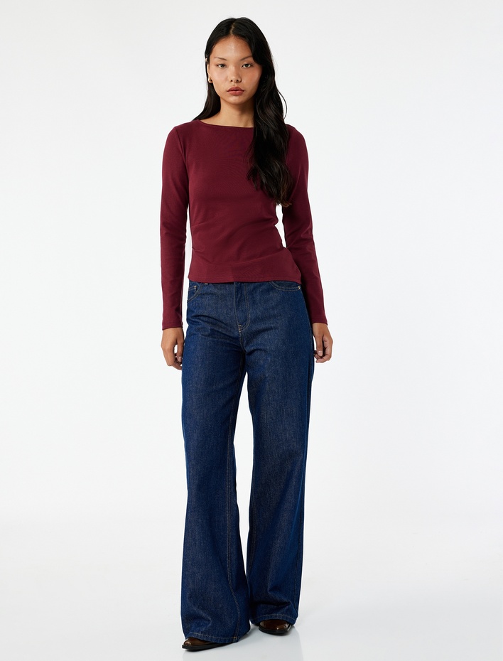  Asimetrik Kayık Yaka Kolsuz Slim Fit Uzun Kollu Tişört