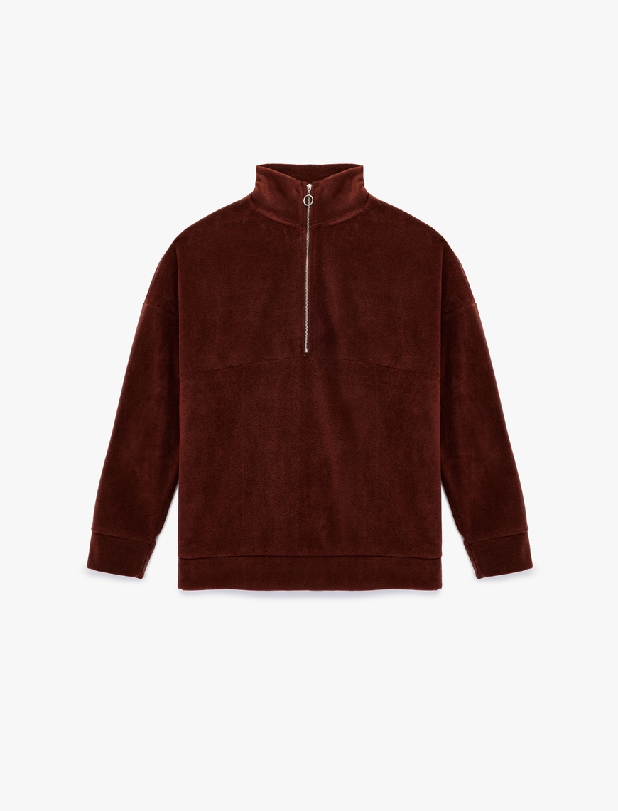   Oversize Uzun Kollu Yarım Fermuarlı Şardonlu Polar Sweatshirt