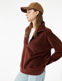 Oversize Uzun Kollu Yarım Fermuarlı Şardonlu Polar Sweatshirt