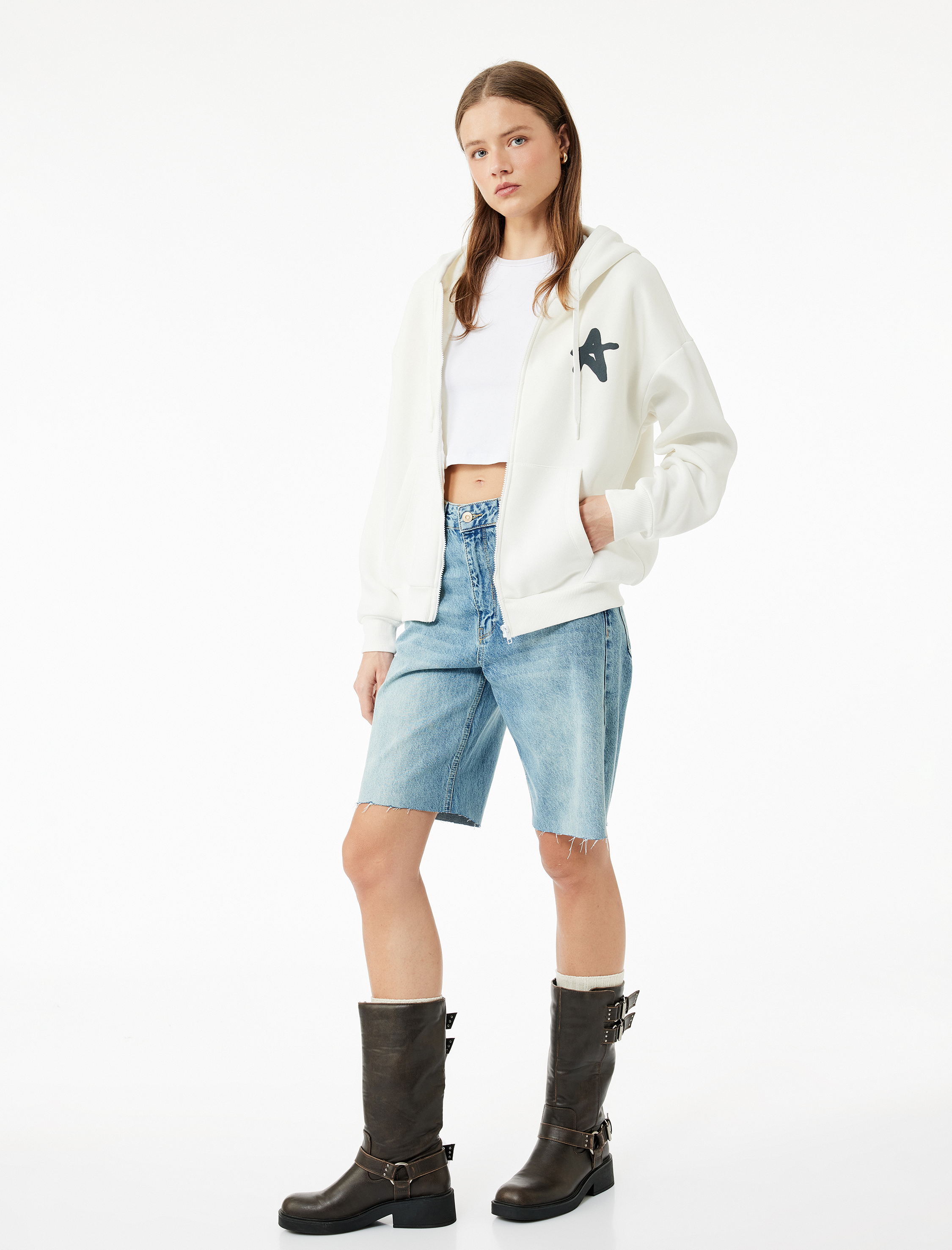   Şardonlu Kanguru Cepli Uzun Kollu Arkası Baskılı Kapüşonlu Fermuarlı Sweatshirt