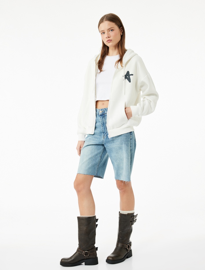  Şardonlu Kanguru Cepli Uzun Kollu Arkası Baskılı Kapüşonlu Fermuarlı Sweatshirt