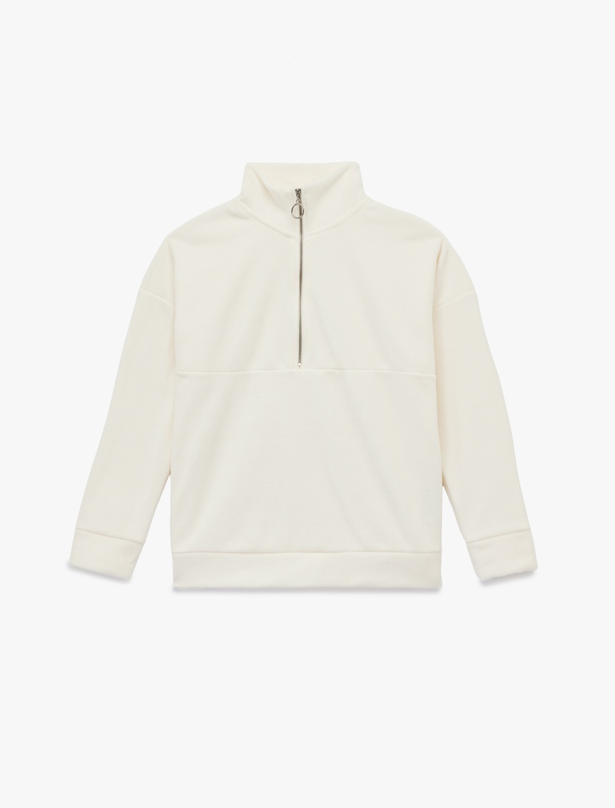   Oversize Uzun Kollu Yarım Fermuarlı Şardonlu Polar Sweatshirt