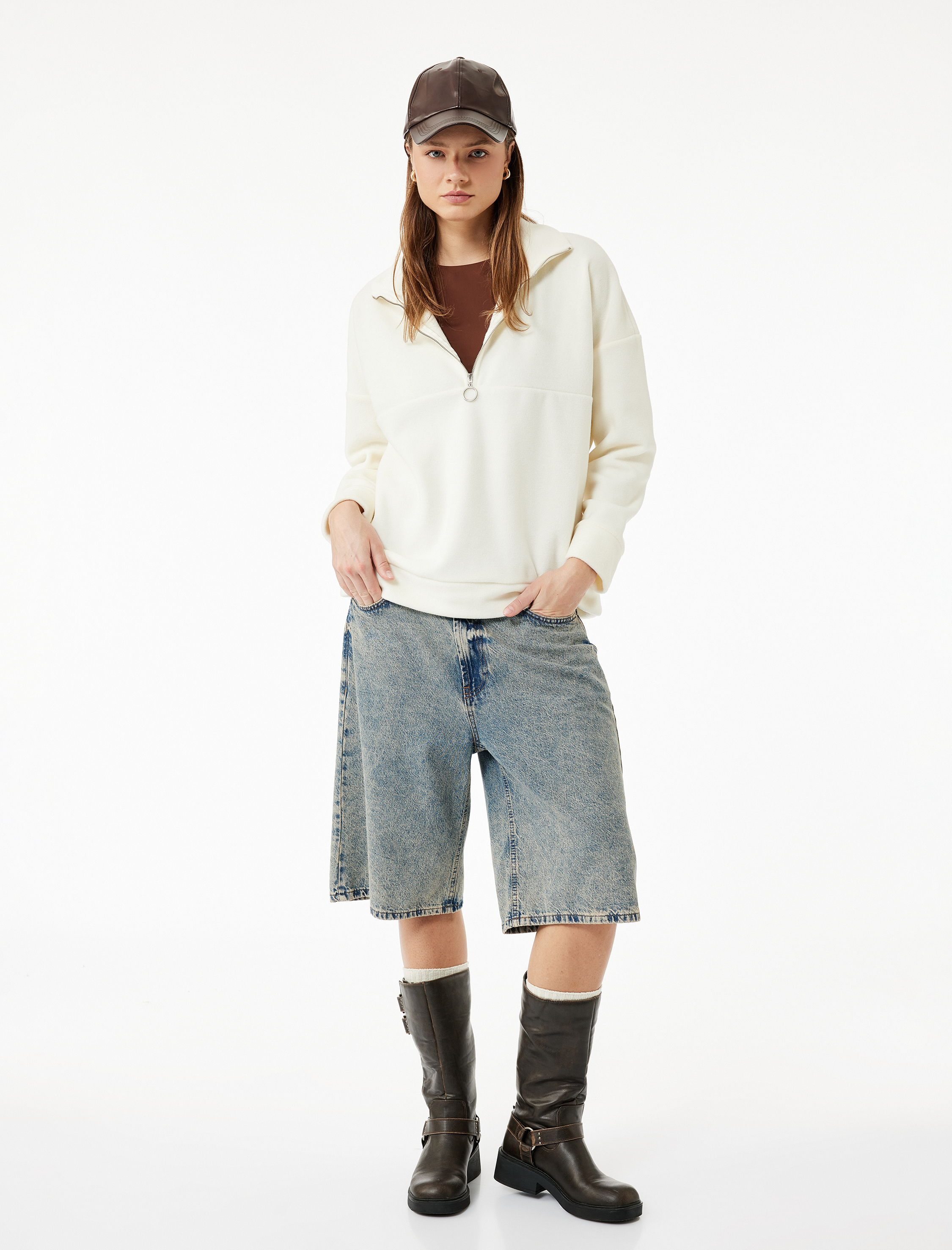   Oversize Uzun Kollu Yarım Fermuarlı Şardonlu Polar Sweatshirt