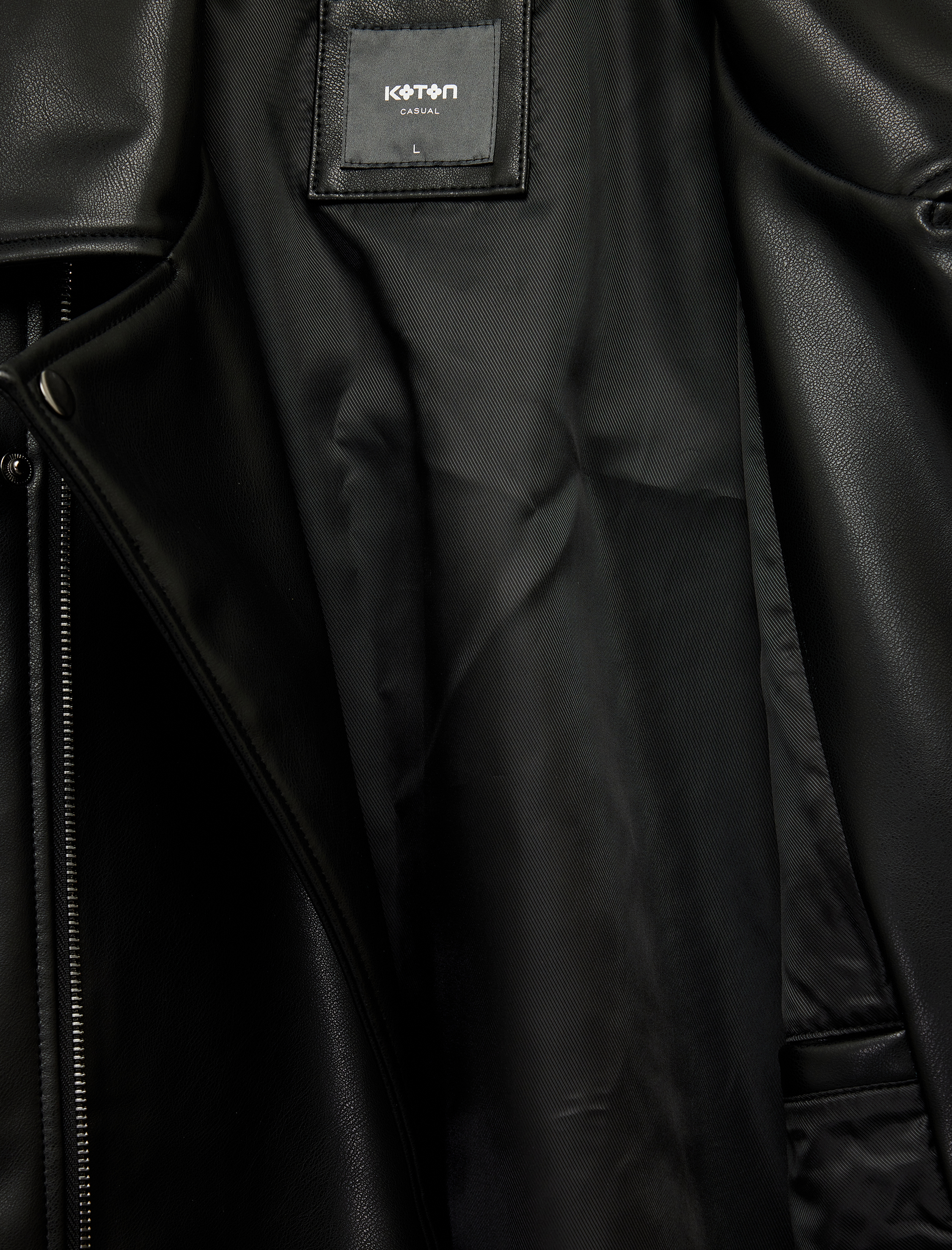   Kruvaze Yaka Cep Detaylı Uzun Kollu Suni Deri Biker Ceket