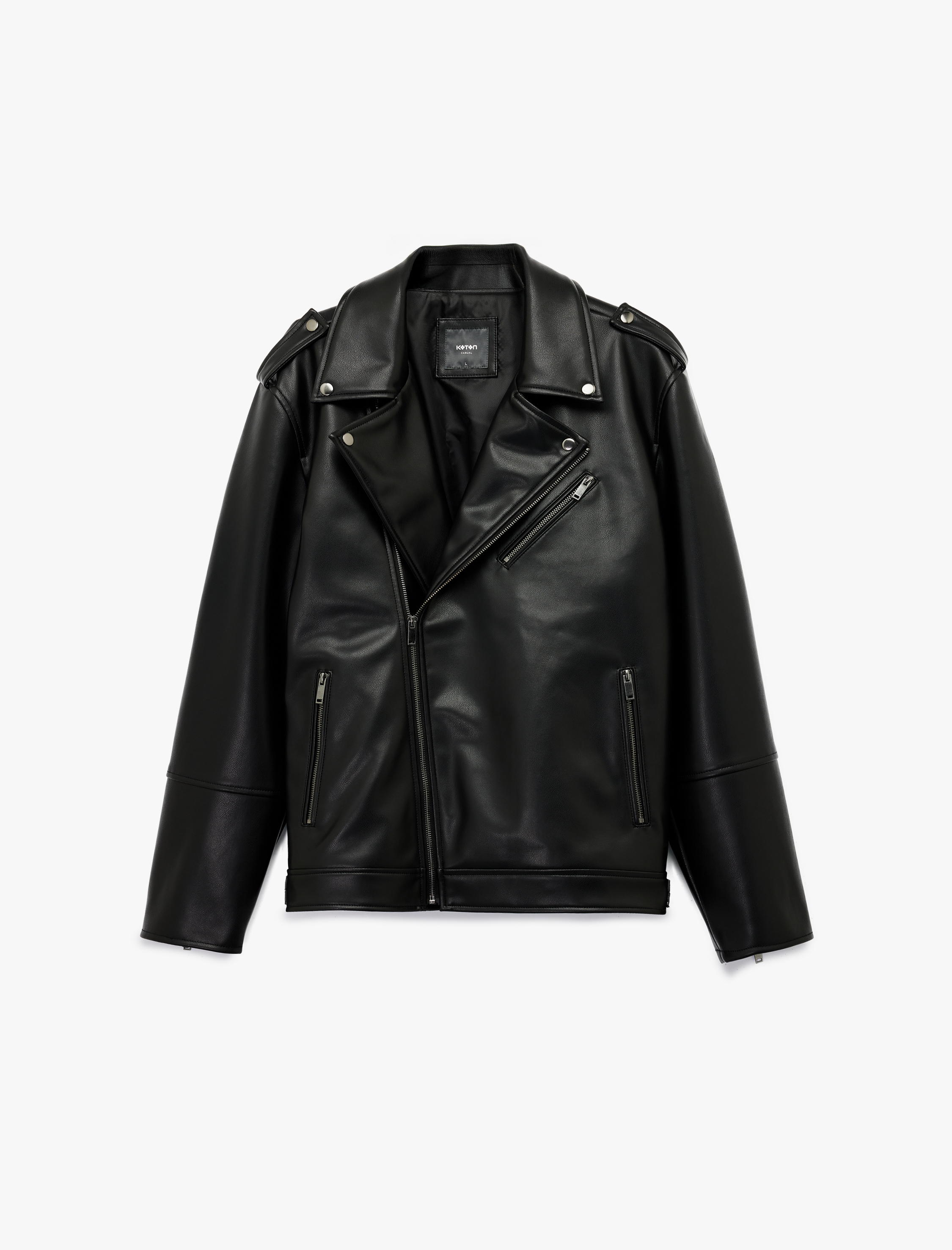   Kruvaze Yaka Cep Detaylı Uzun Kollu Suni Deri Biker Ceket