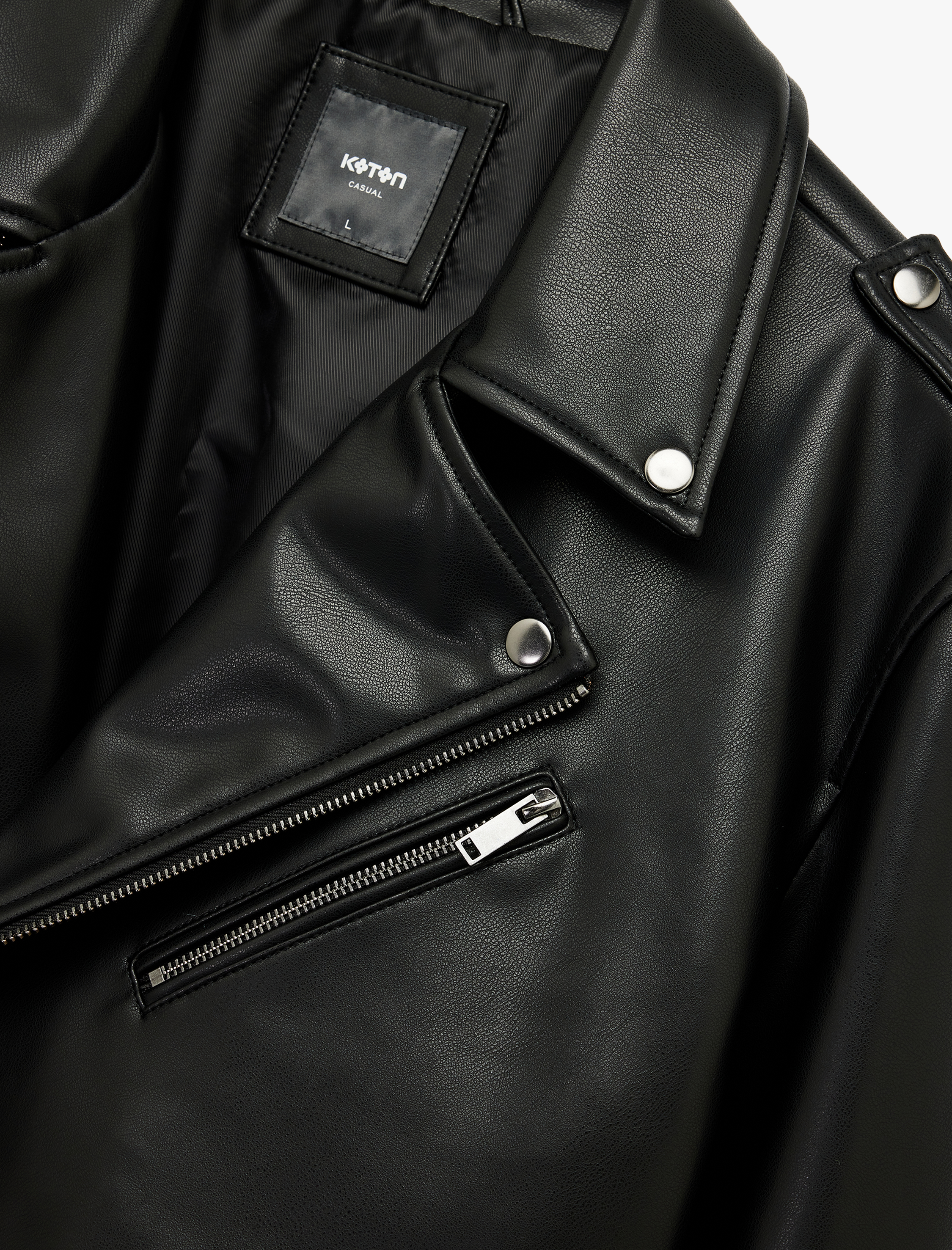   Kruvaze Yaka Cep Detaylı Uzun Kollu Suni Deri Biker Ceket