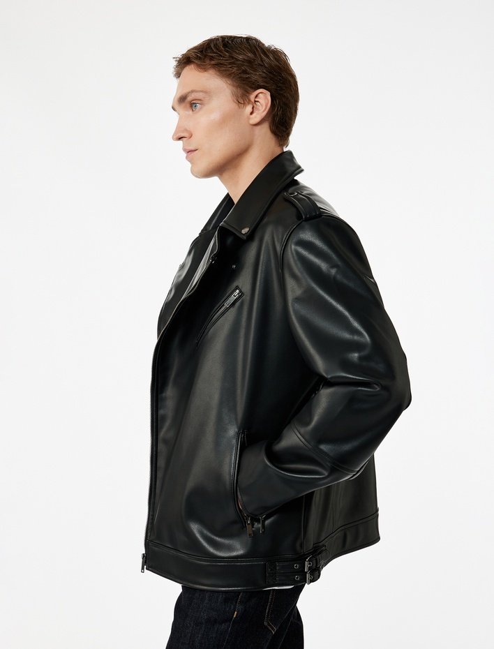  Kruvaze Yaka Cep Detaylı Uzun Kollu Suni Deri Biker Ceket