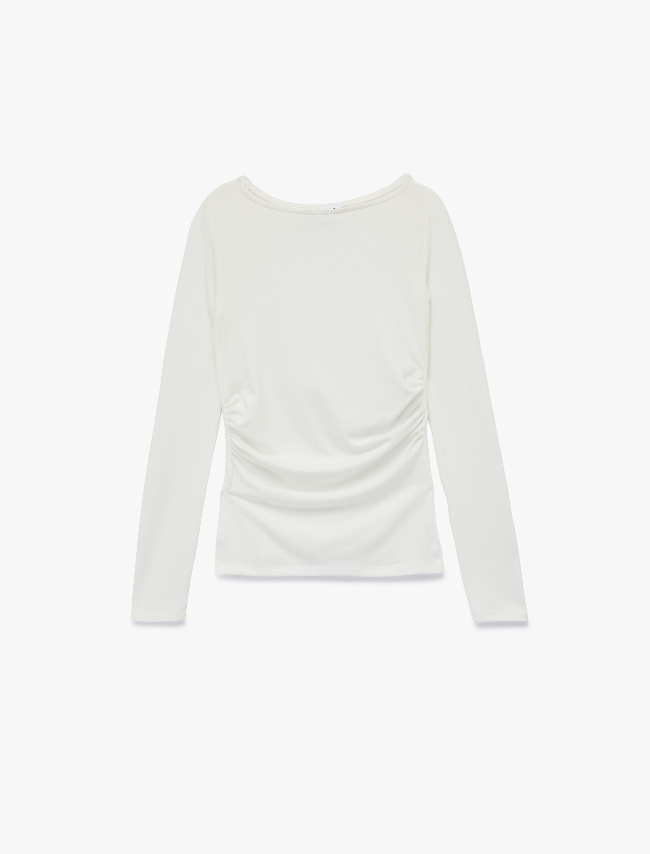   Kayık Yaka Drapeli Slim Fit Viskon Karışımlı Yırtmaçlı Uzun Kollu Tişört