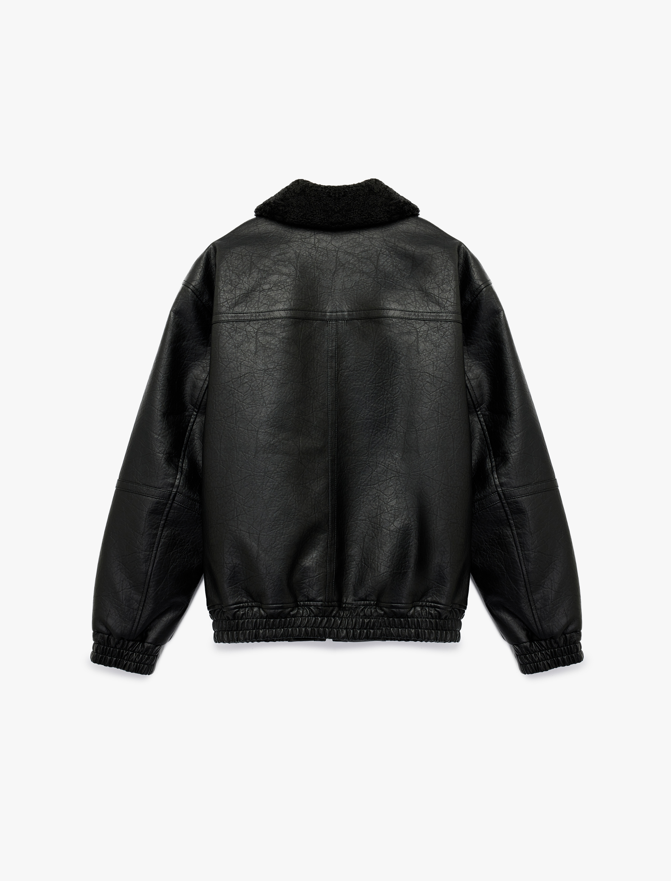   Peluş Yaka Cep Detaylı Uzun Kollu Fermuarlı Suni Deri Ceket