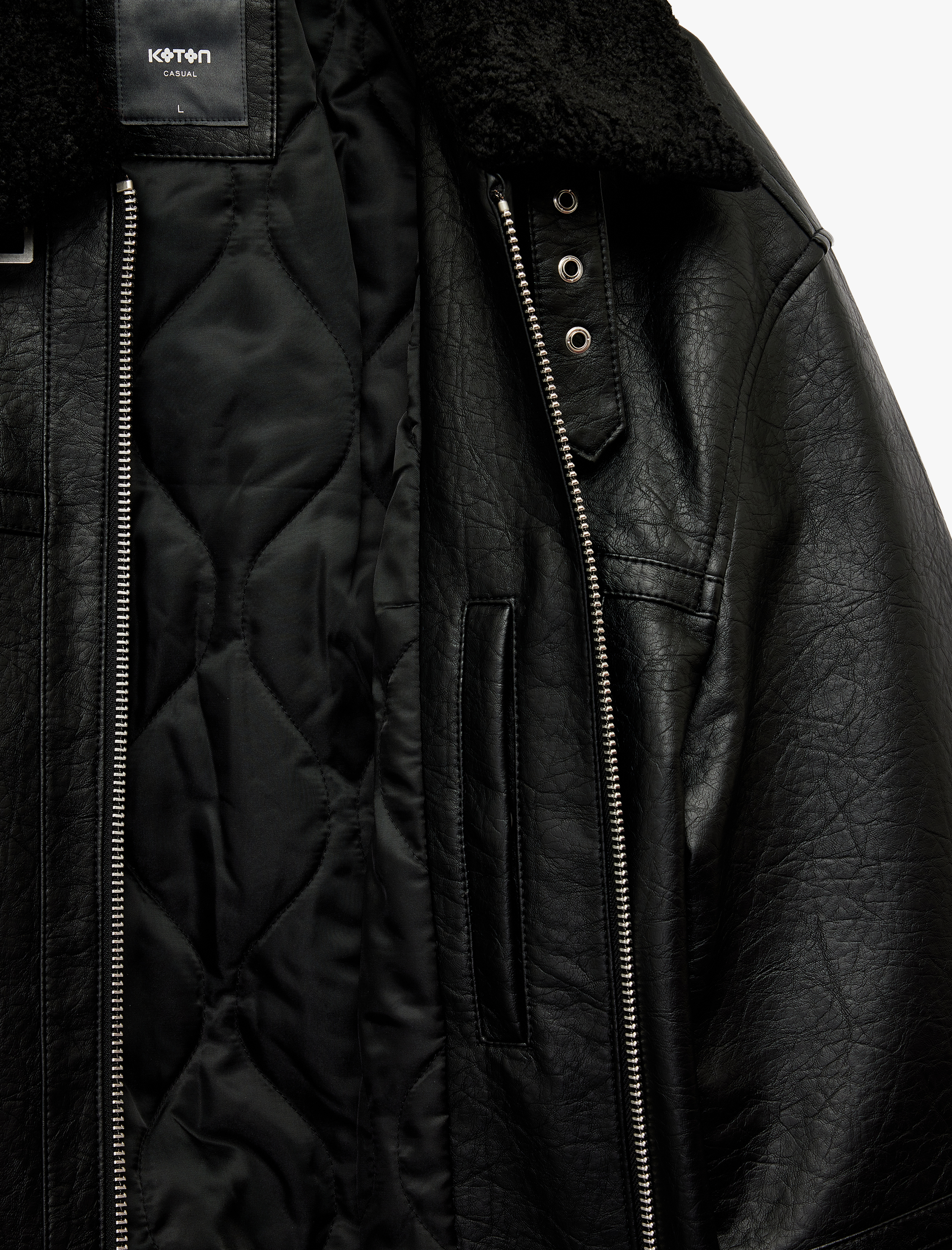   Peluş Yaka Cep Detaylı Uzun Kollu Fermuarlı Suni Deri Ceket