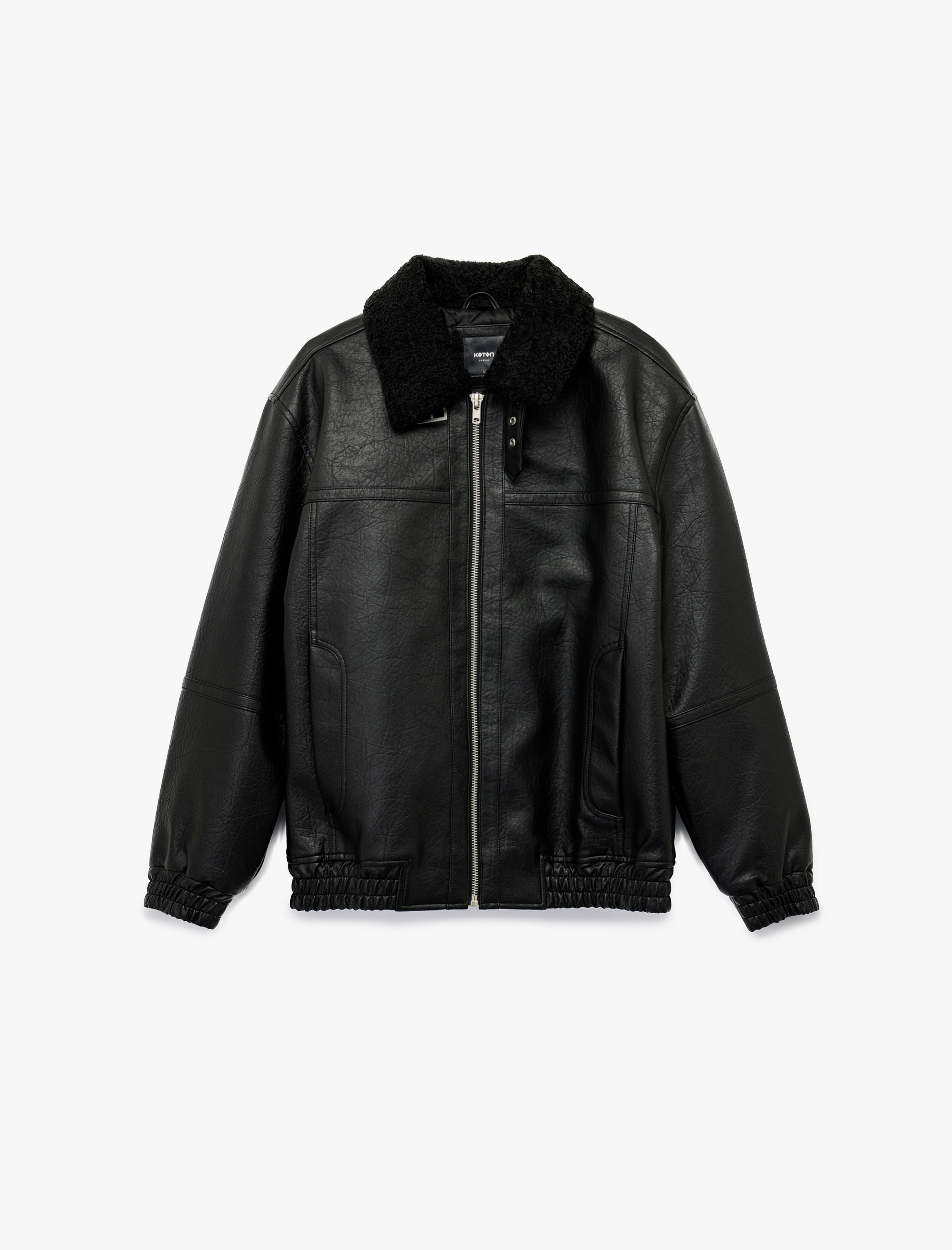   Peluş Yaka Cep Detaylı Uzun Kollu Fermuarlı Suni Deri Ceket