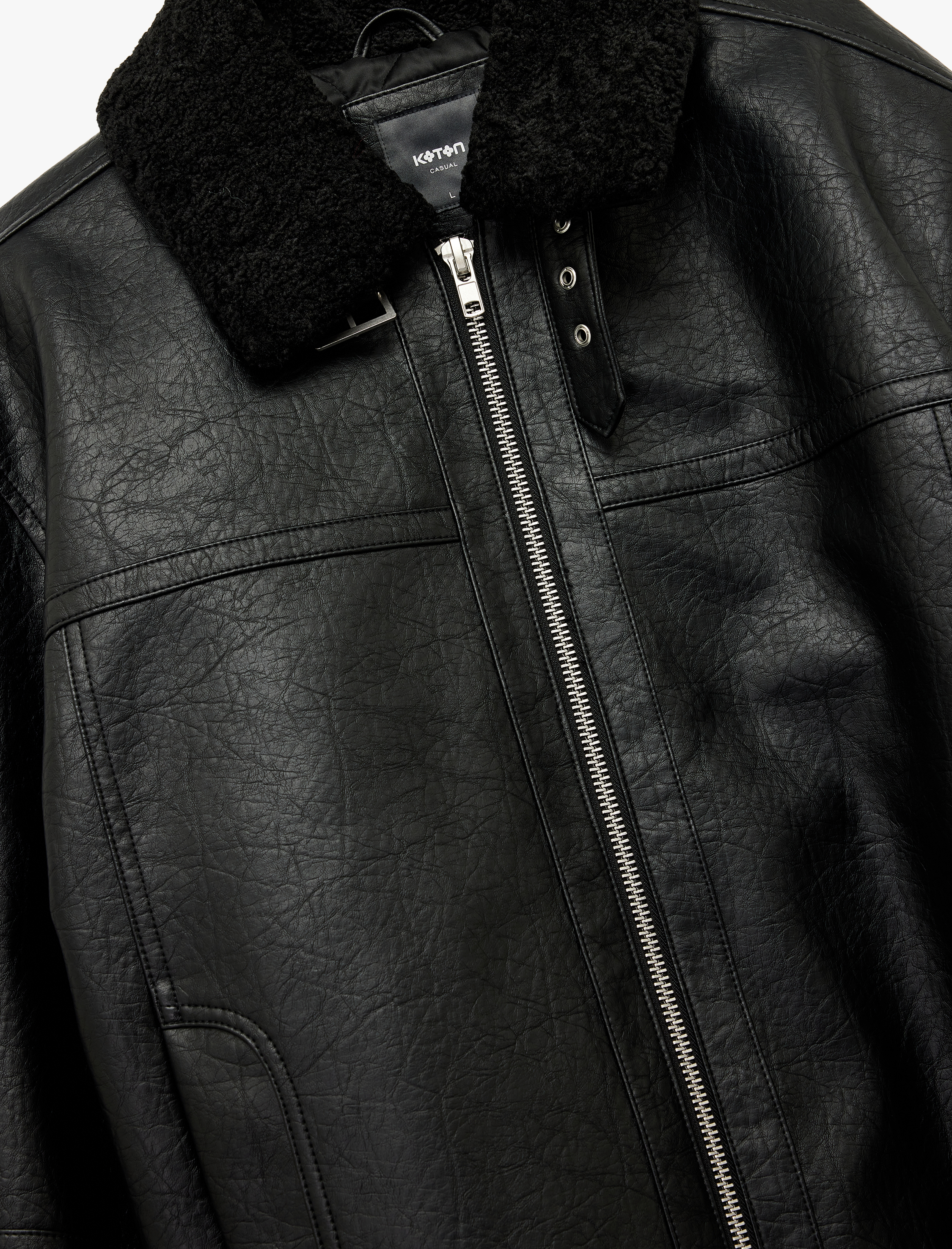   Peluş Yaka Cep Detaylı Uzun Kollu Fermuarlı Suni Deri Ceket