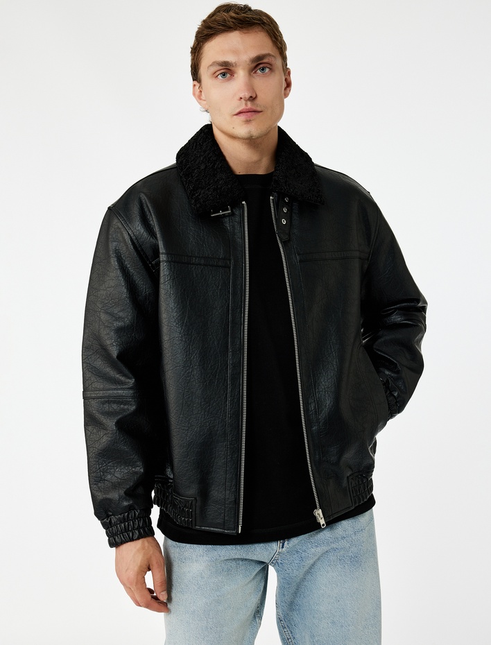  Peluş Yaka Cep Detaylı Uzun Kollu Fermuarlı Suni Deri Ceket