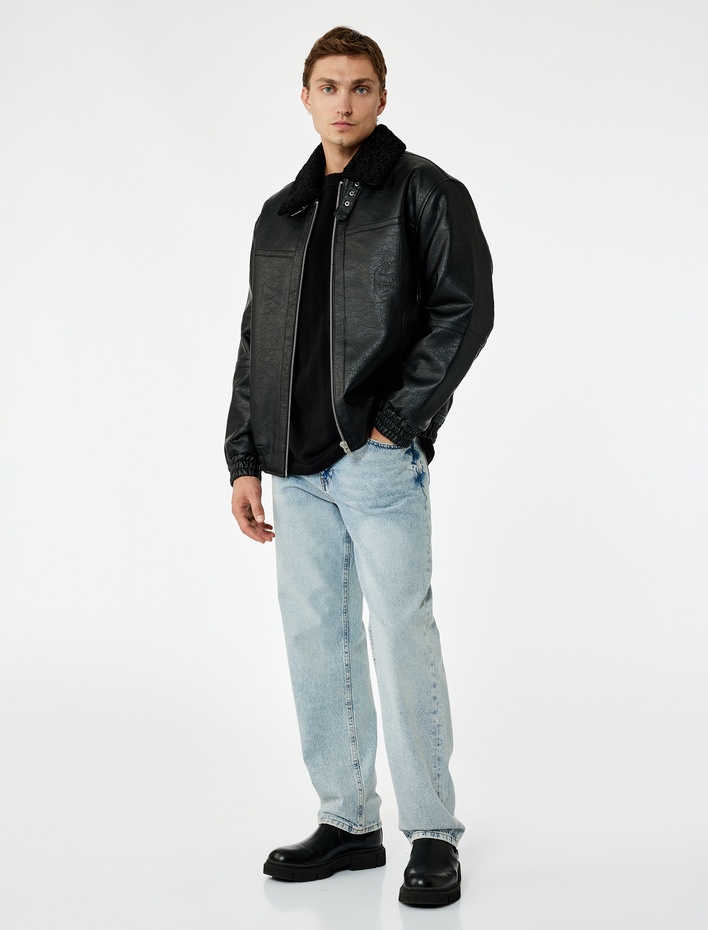  Peluş Yaka Cep Detaylı Uzun Kollu Fermuarlı Suni Deri Ceket