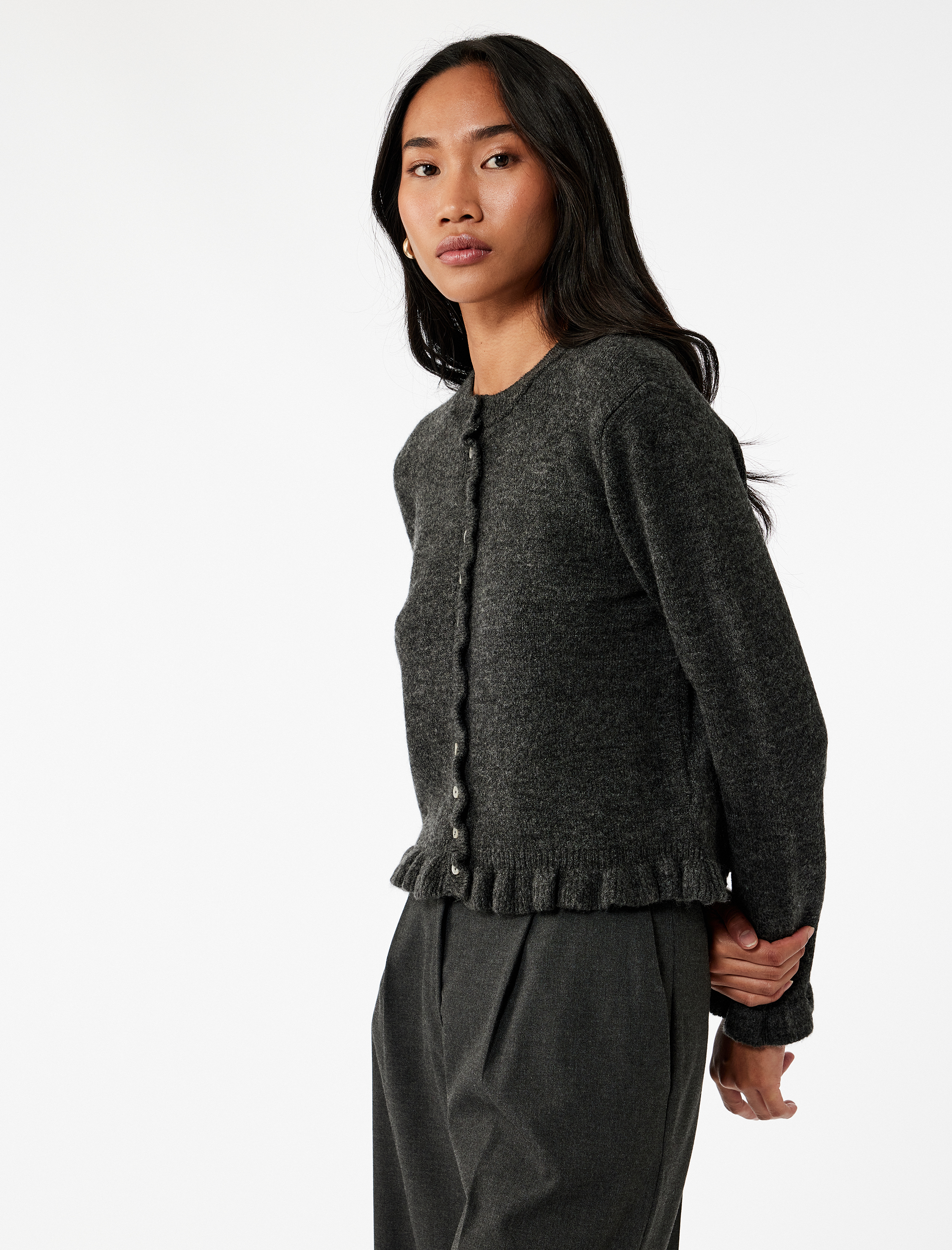 Fırfır Detaylı Uzun Kollu Bisiklet Yaka Triko Hırka