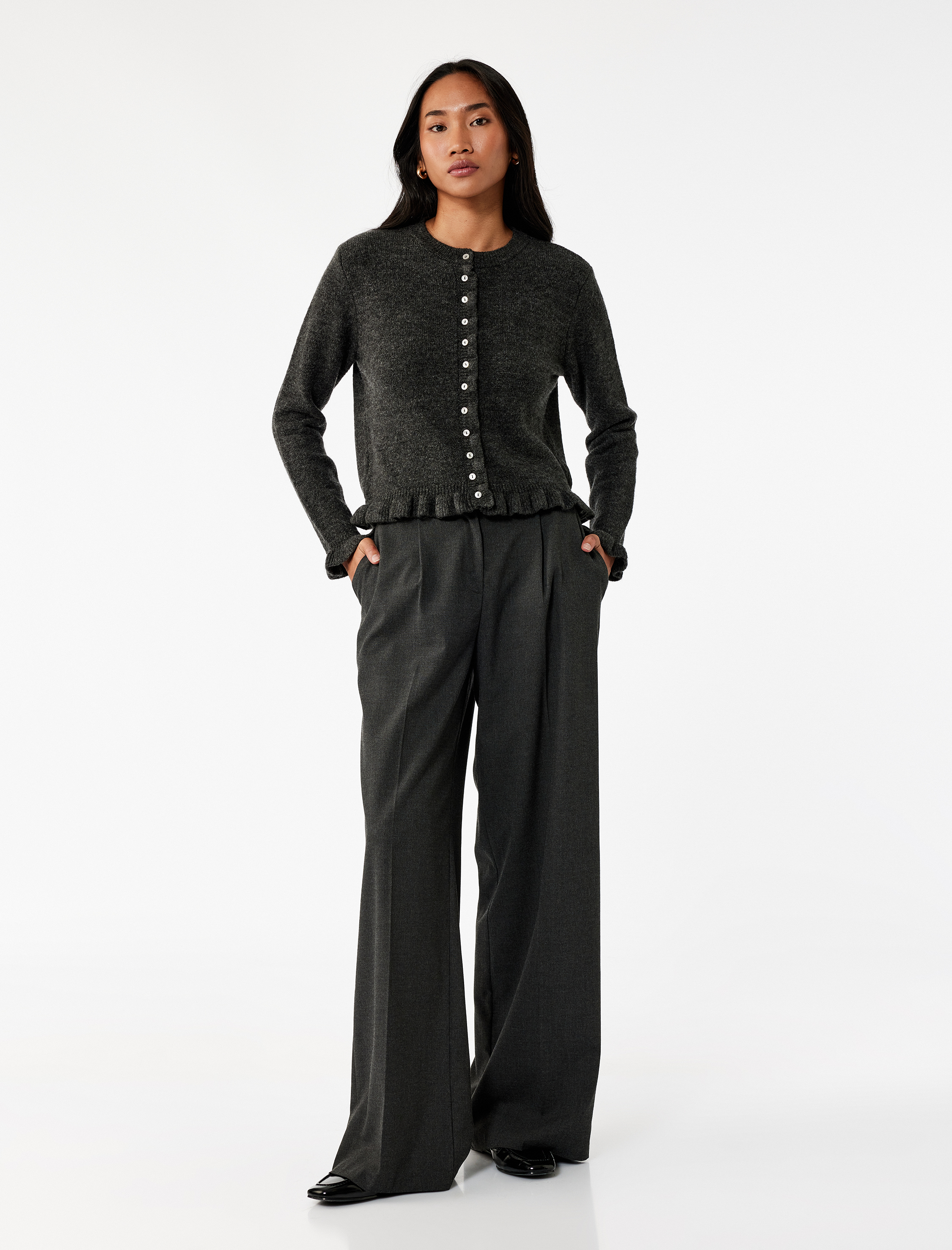 Fırfır Detaylı Uzun Kollu Bisiklet Yaka Triko Hırka