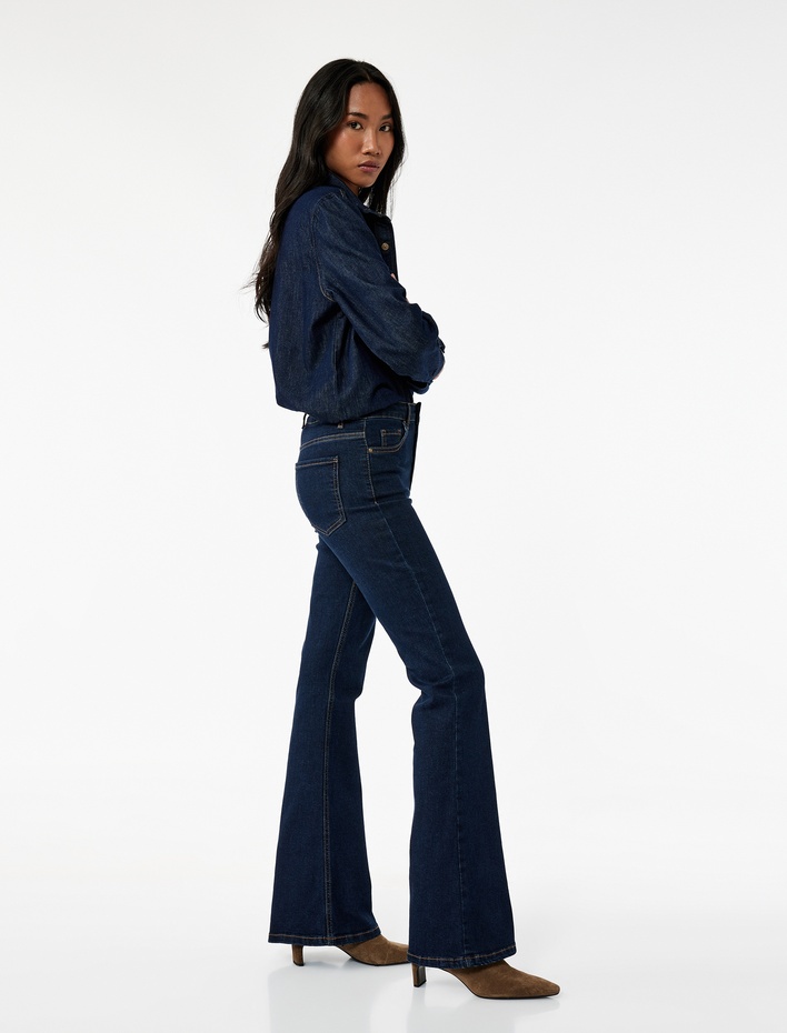  Yüksek Bel Düğmeli Dar Kesim İspanyol Paça Jean Pantolon - Flare Jeans