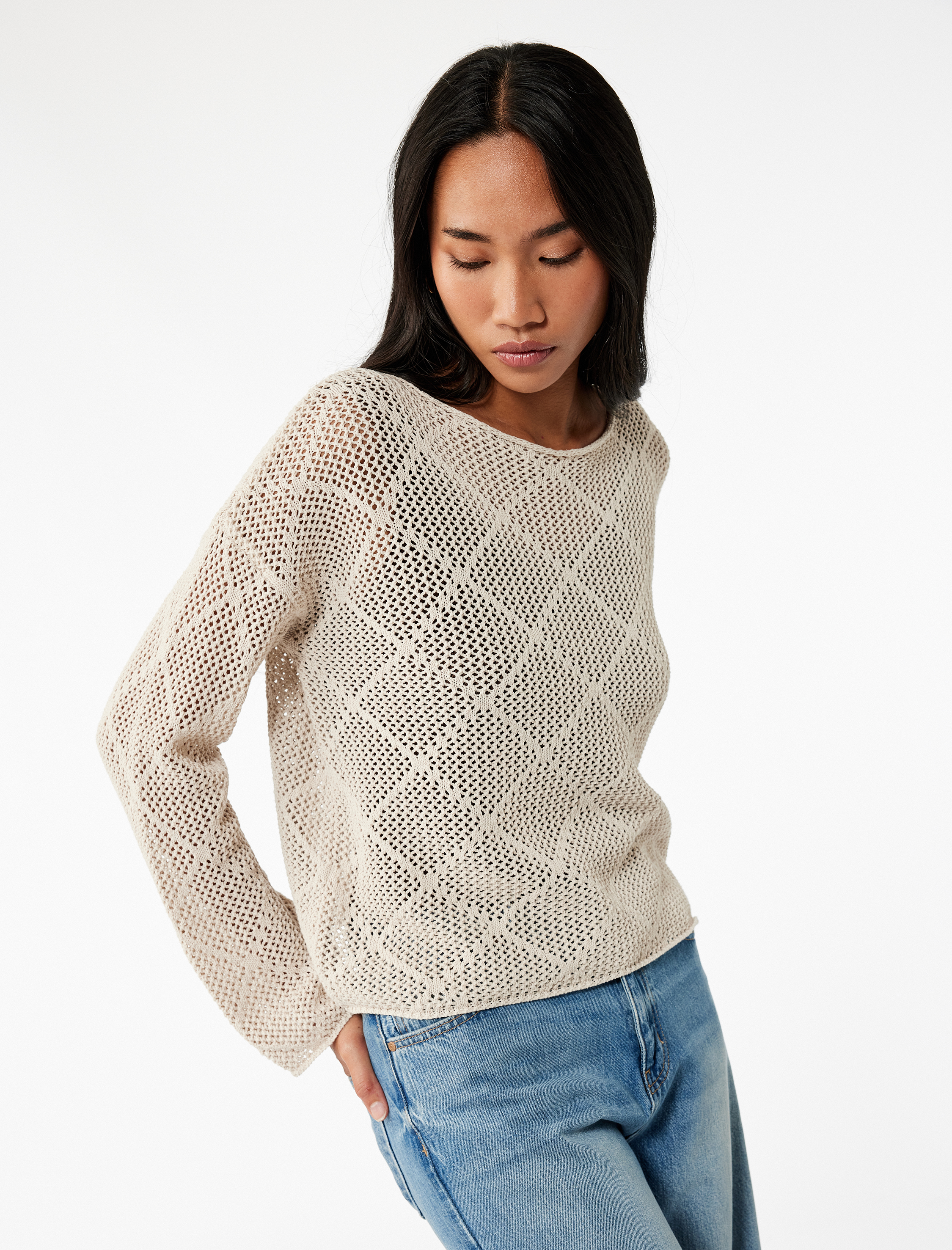   Kayık Yaka Uzun Kollu Triko Ajurlu Kazak