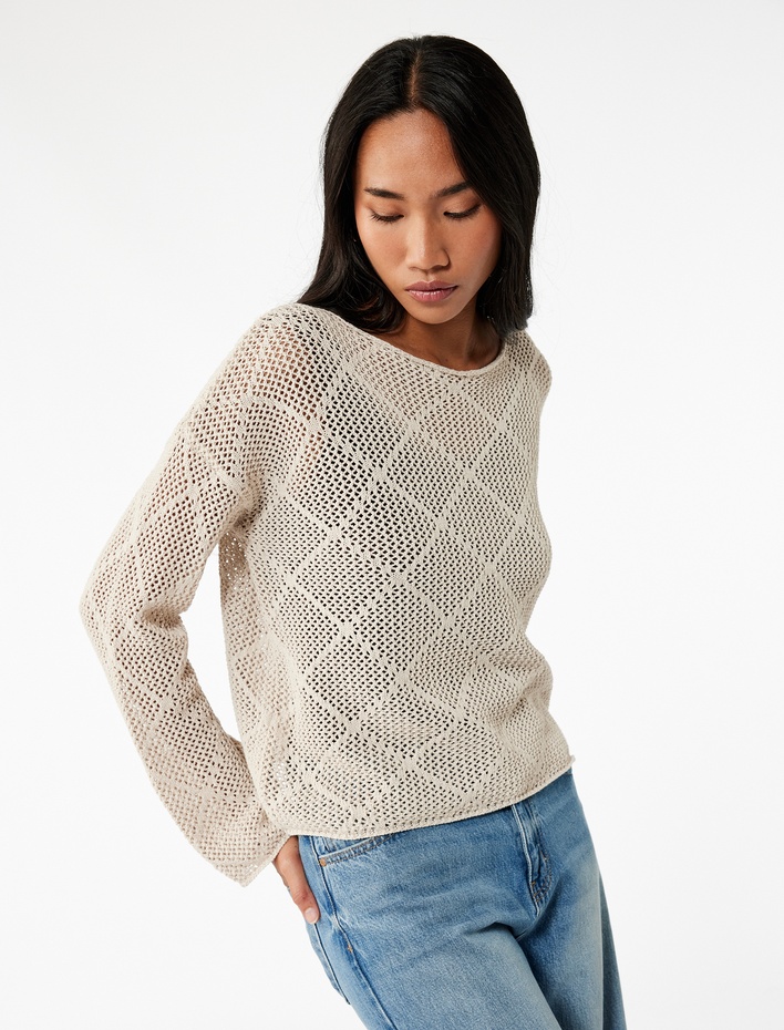  Kayık Yaka Uzun Kollu Triko Ajurlu Kazak