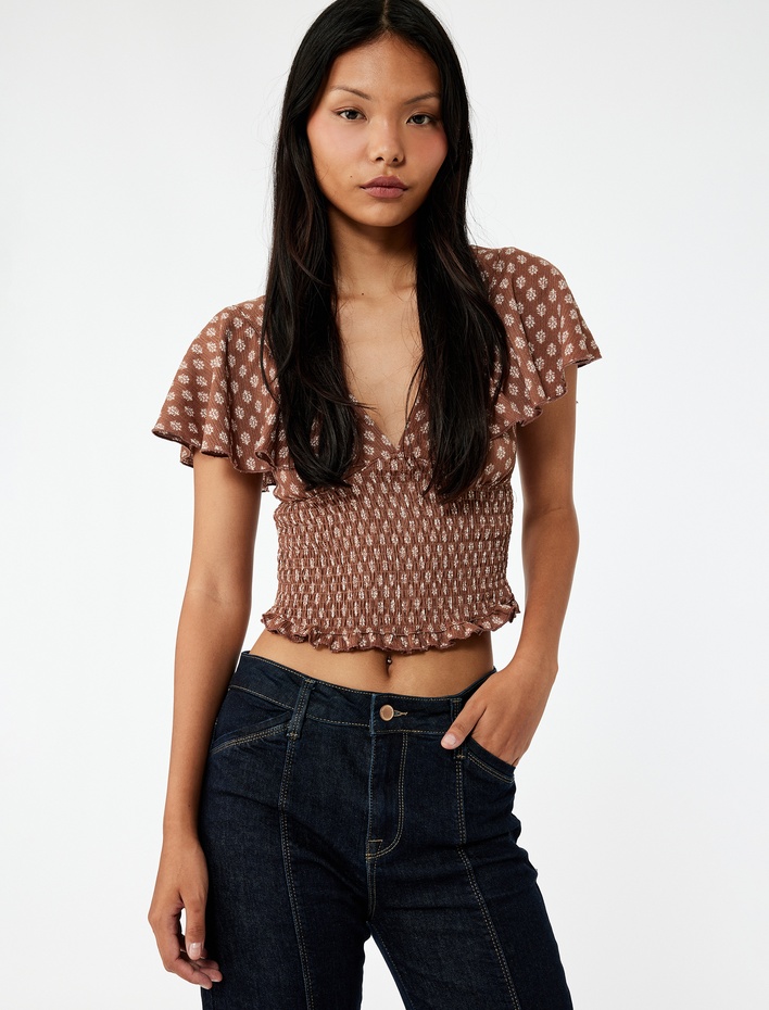  Gipeli Kısa Yarasa Kol Derin V Yaka Tişört