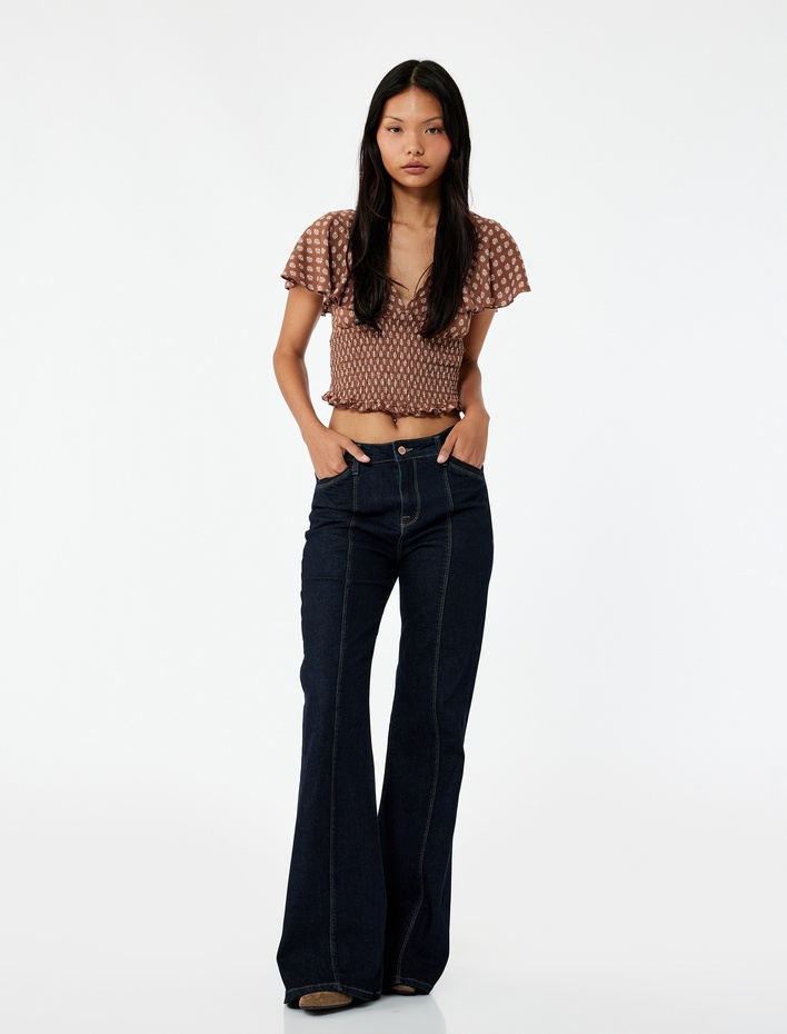  Gipeli Kısa Yarasa Kol Derin V Yaka Tişört