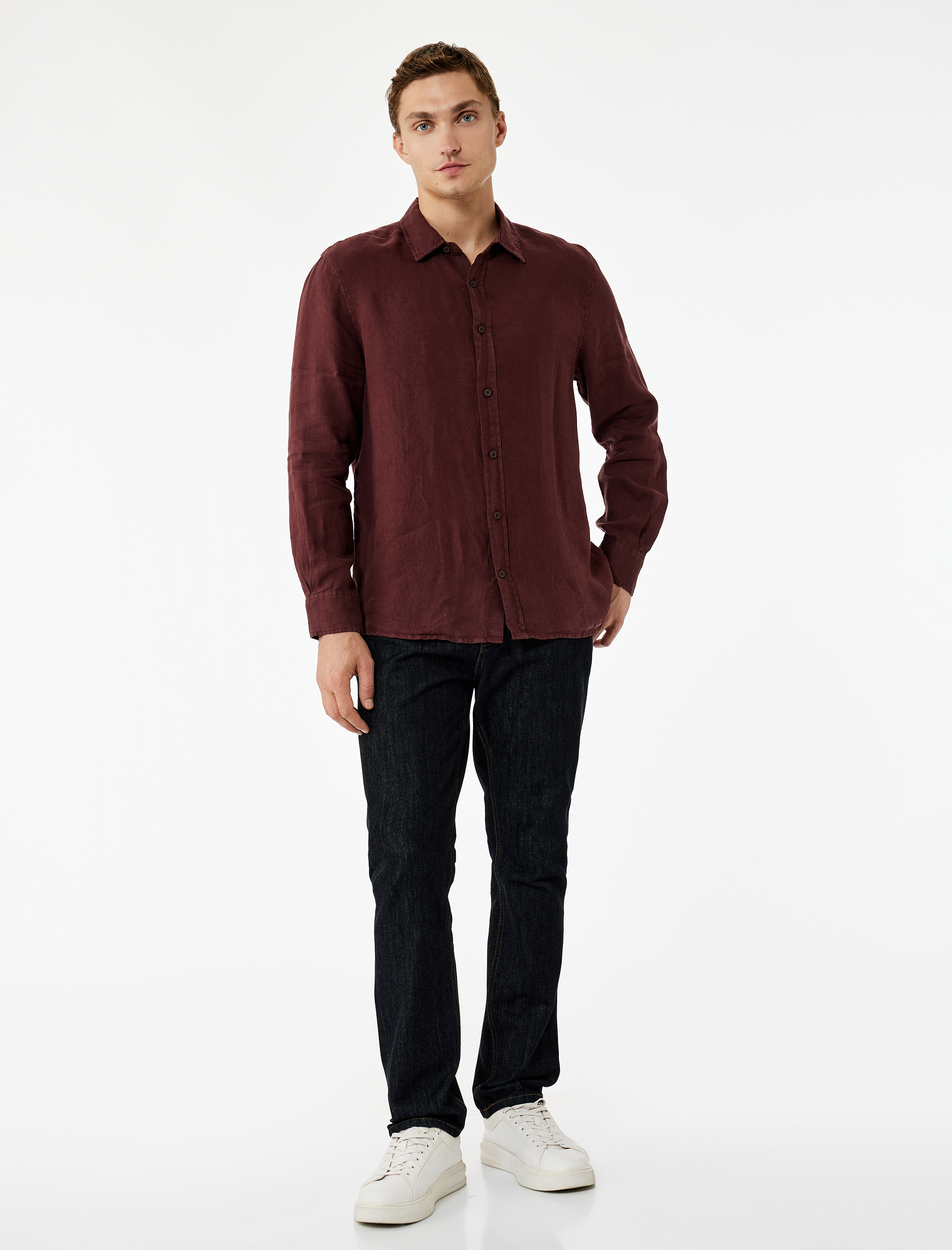   Regular Fit Uzun Kollu Klasik Yaka Keten Gömlek