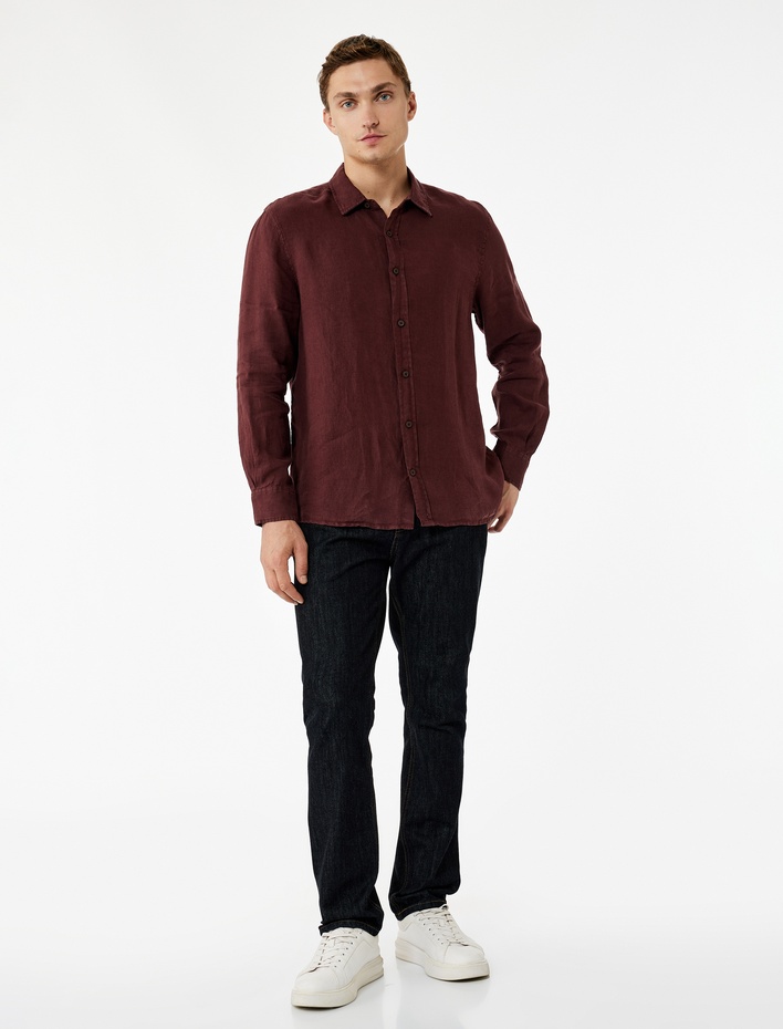  Regular Fit Uzun Kollu Klasik Yaka Keten Gömlek