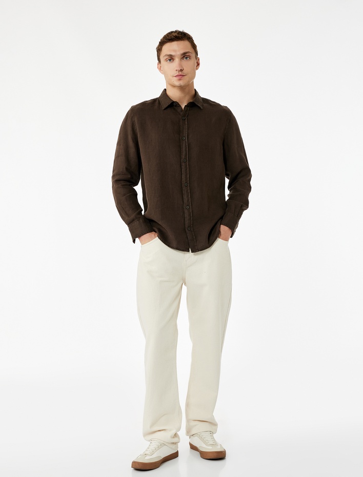  Regular Fit Uzun Kollu Klasik Yaka Keten Gömlek