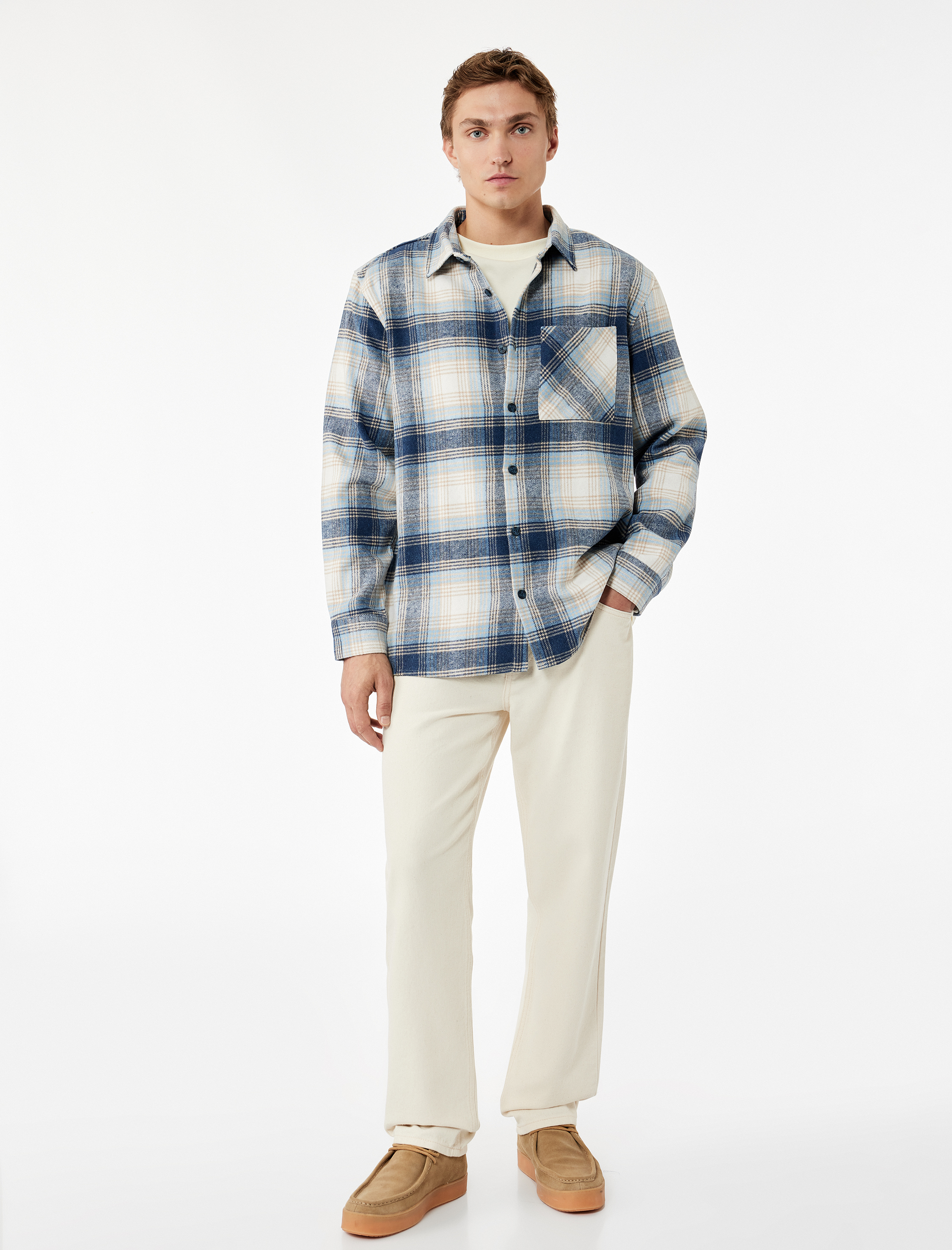   Regular Fit Uzun Kollu Cep Detaylı Klasik Yaka Oduncu Gömleği