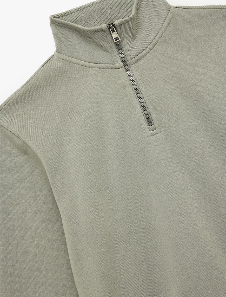   Uzun Kollu Şardonlu Basic Yarım Fermuarlı Sweatshirt