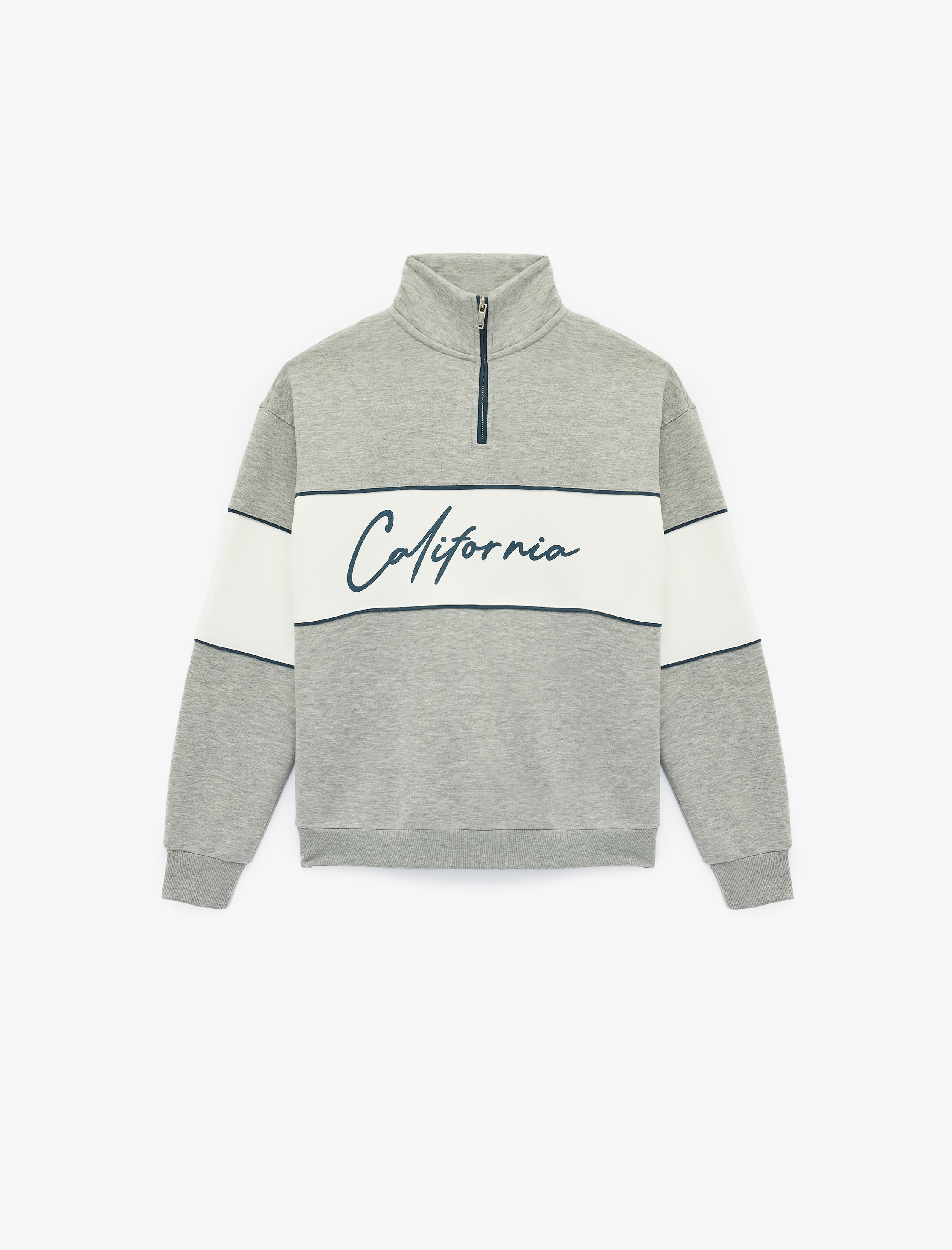   Oversize Şardonlu Renk Bloklu Kolej Baskılı Yarım Fermuarlı Sweatshirt