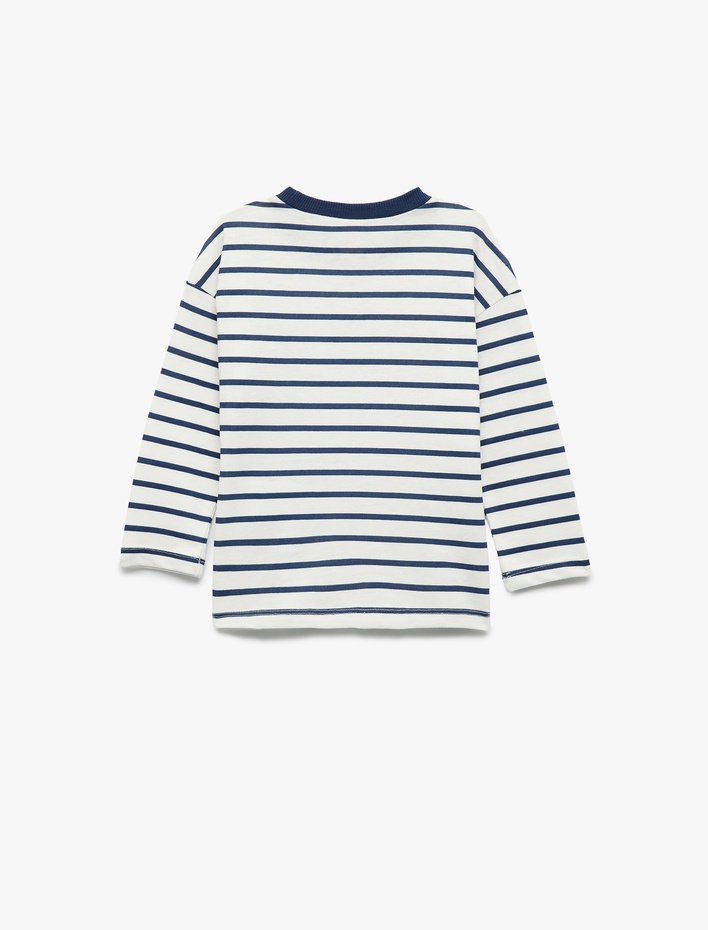 Erkek Bebek Pamuklu Bisiklet Yaka Hayvan Nakışlı Uzun Kollu Tişört