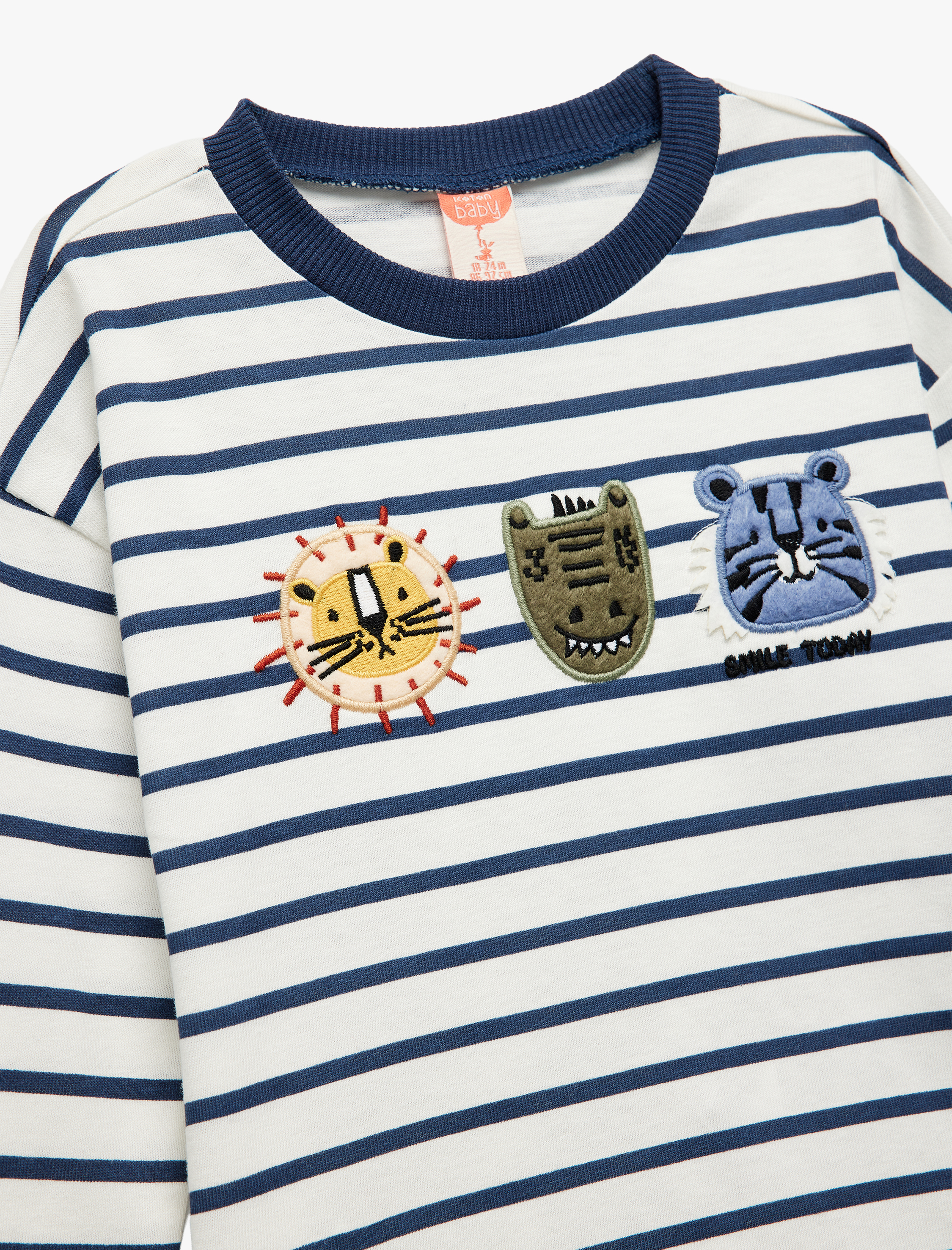  Erkek Bebek Pamuklu Bisiklet Yaka Hayvan Nakışlı Uzun Kollu Tişört