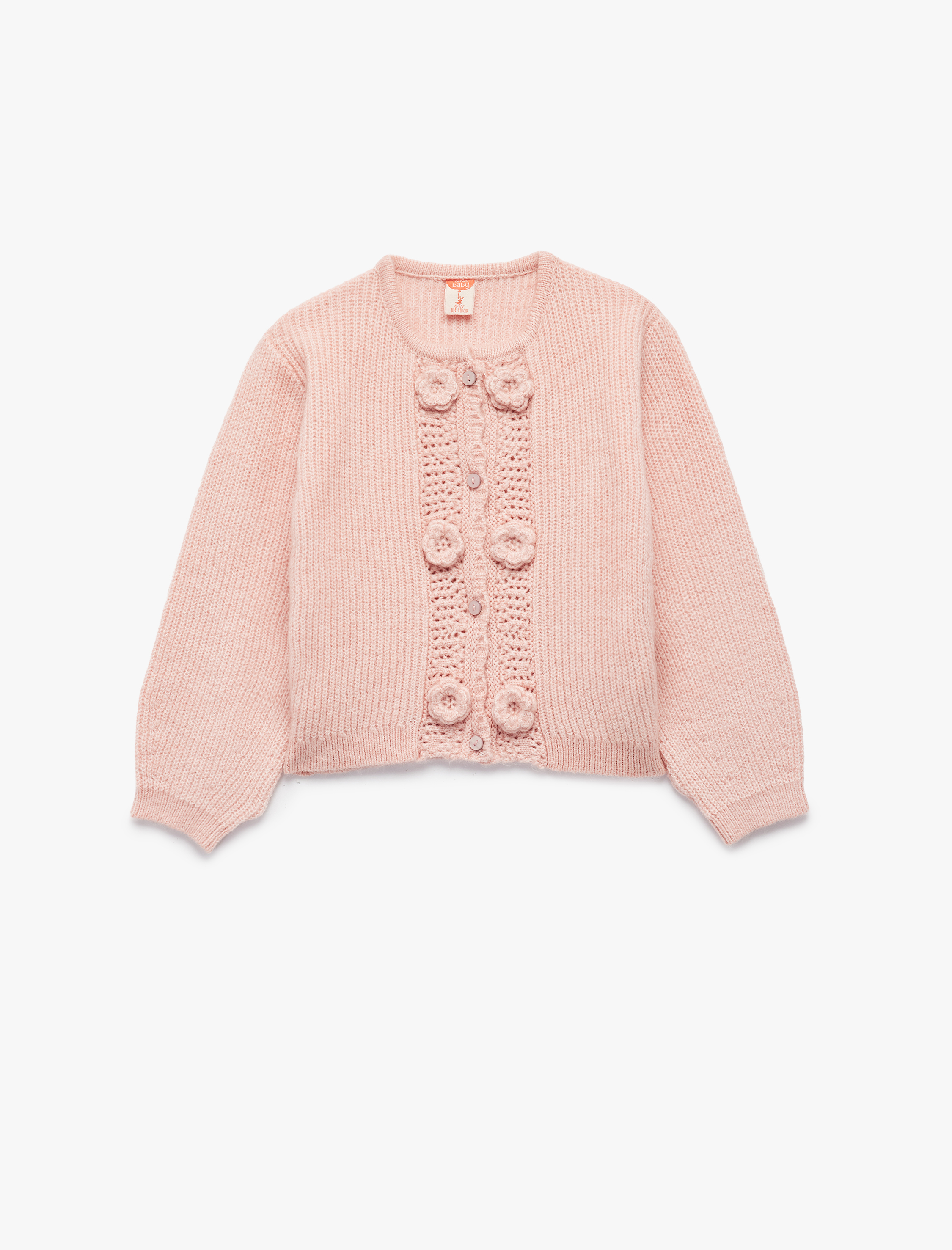 Kız Bebek Aplike Gül Detaylı Uzun Kollu Bisiklet Yaka Düğmeli Triko Hırka