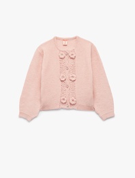 Aplike Gül Detaylı Uzun Kollu Bisiklet Yaka Düğmeli Triko Hırka