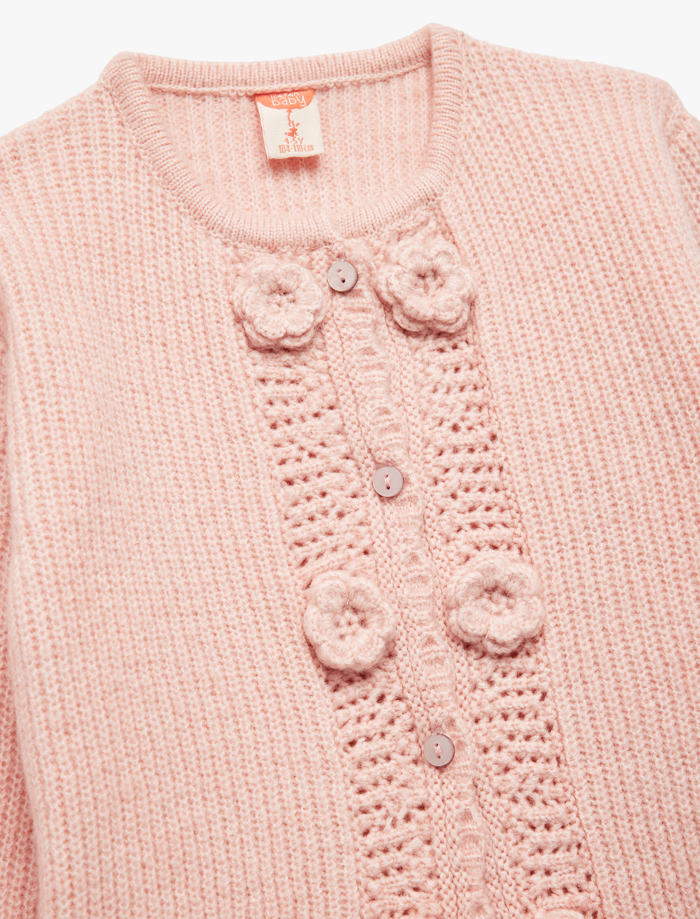 Kız Bebek Aplike Gül Detaylı Uzun Kollu Bisiklet Yaka Düğmeli Triko Hırka